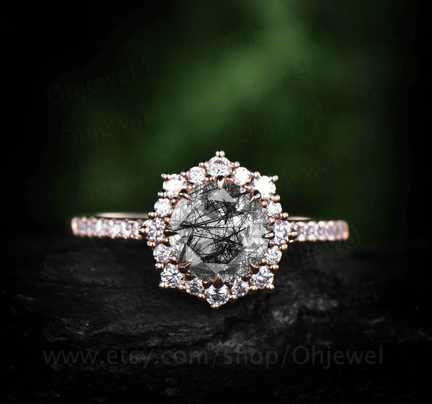 Round black rutilated quartz engagement ring rose gold vintage cluster halo moissanite ring women jewelry unique wedding bridal ring gift