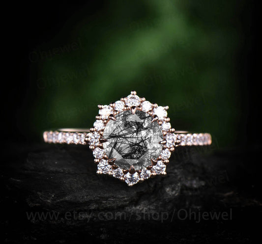 Round black rutilated quartz engagement ring rose gold vintage cluster halo moissanite ring women jewelry unique wedding bridal ring gift
