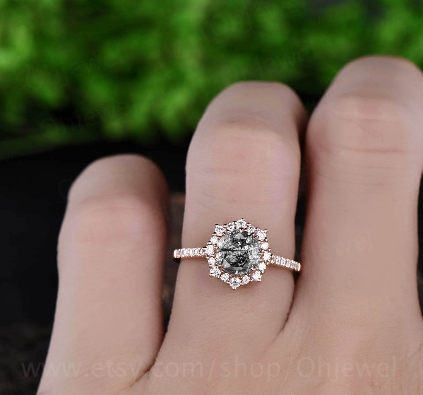 Round black rutilated quartz engagement ring rose gold vintage cluster halo moissanite ring women jewelry unique wedding bridal ring gift