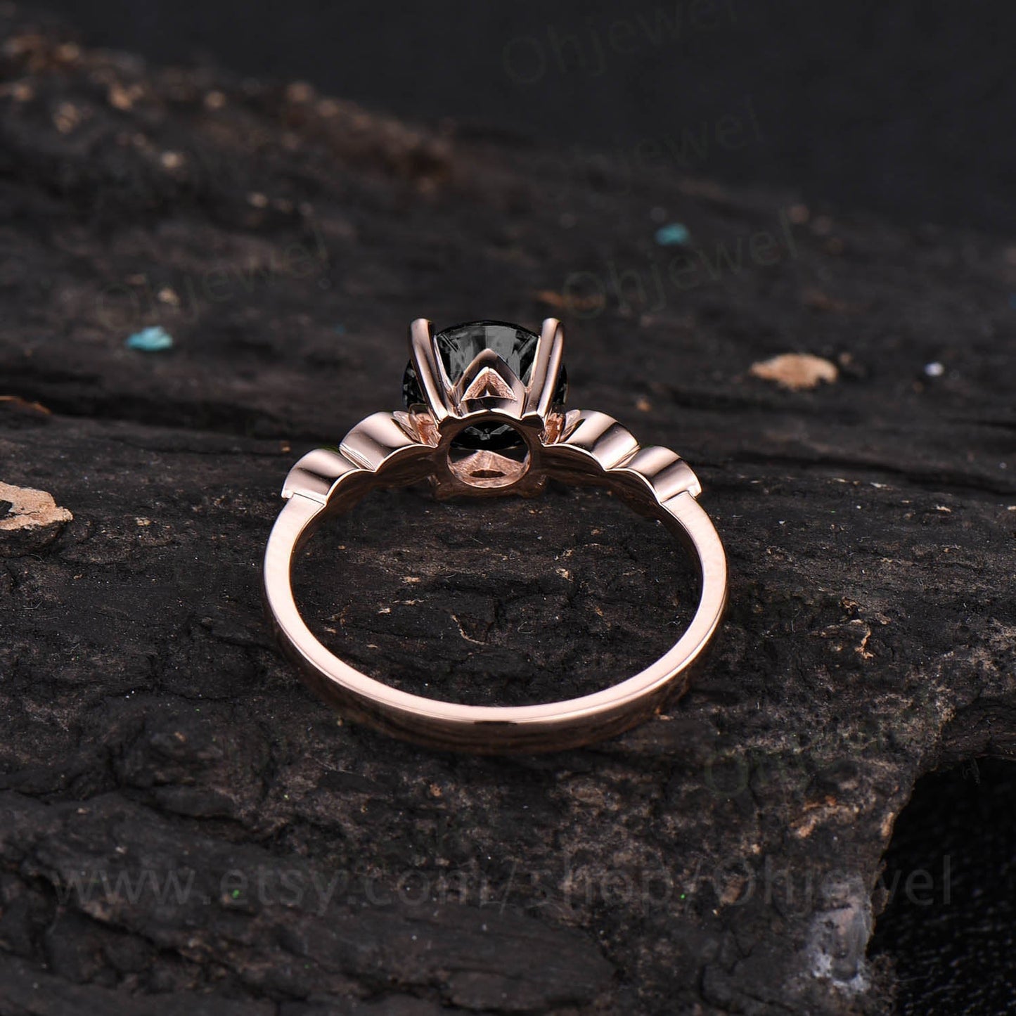 7mm round vintage black rutilated quartz engagement ring for women solid rose gold ring marquise antique real diamond ring anniversary gift