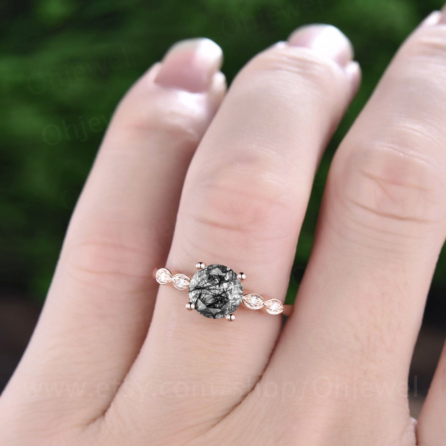 7mm round vintage black rutilated quartz engagement ring for women solid rose gold ring marquise antique real diamond ring anniversary gift