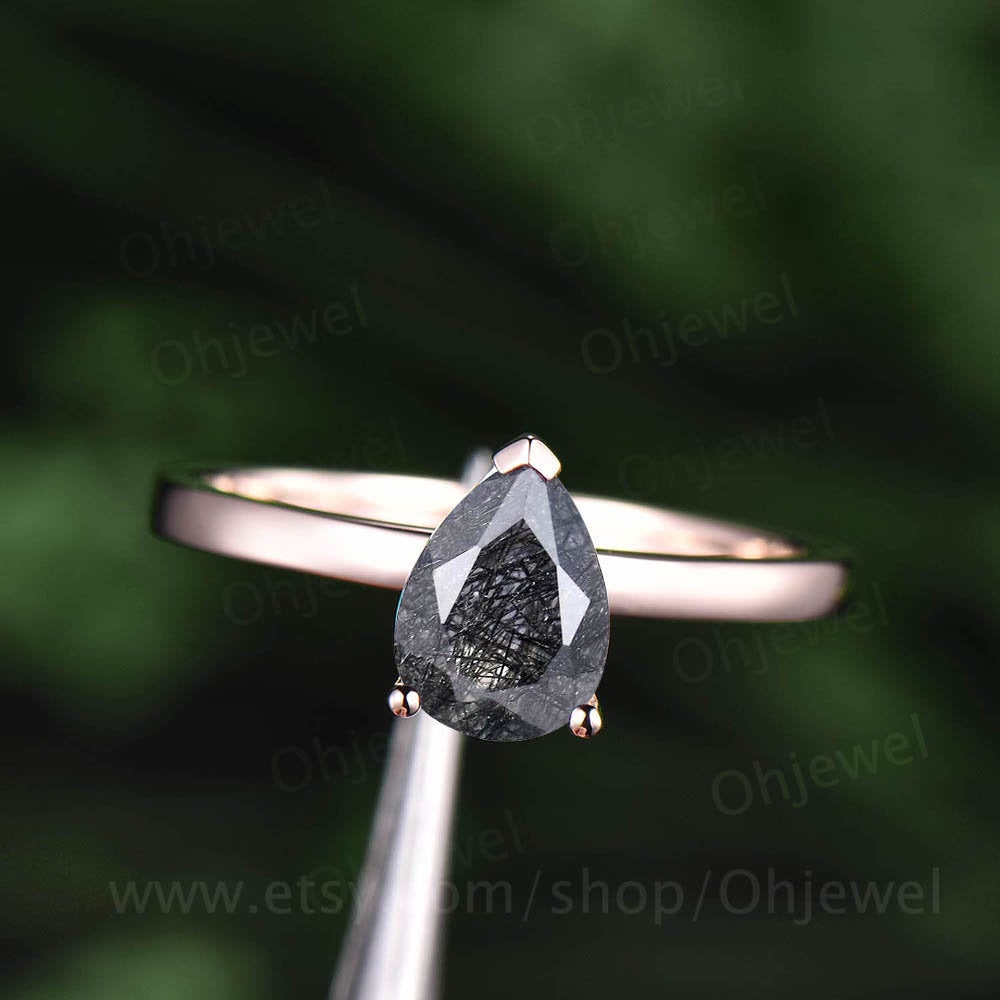 6x8mm teardrop black rutilated quartz engagement ring for women solid 14k/18k rose gold Solitaire ring graduation birthday anniversary gift