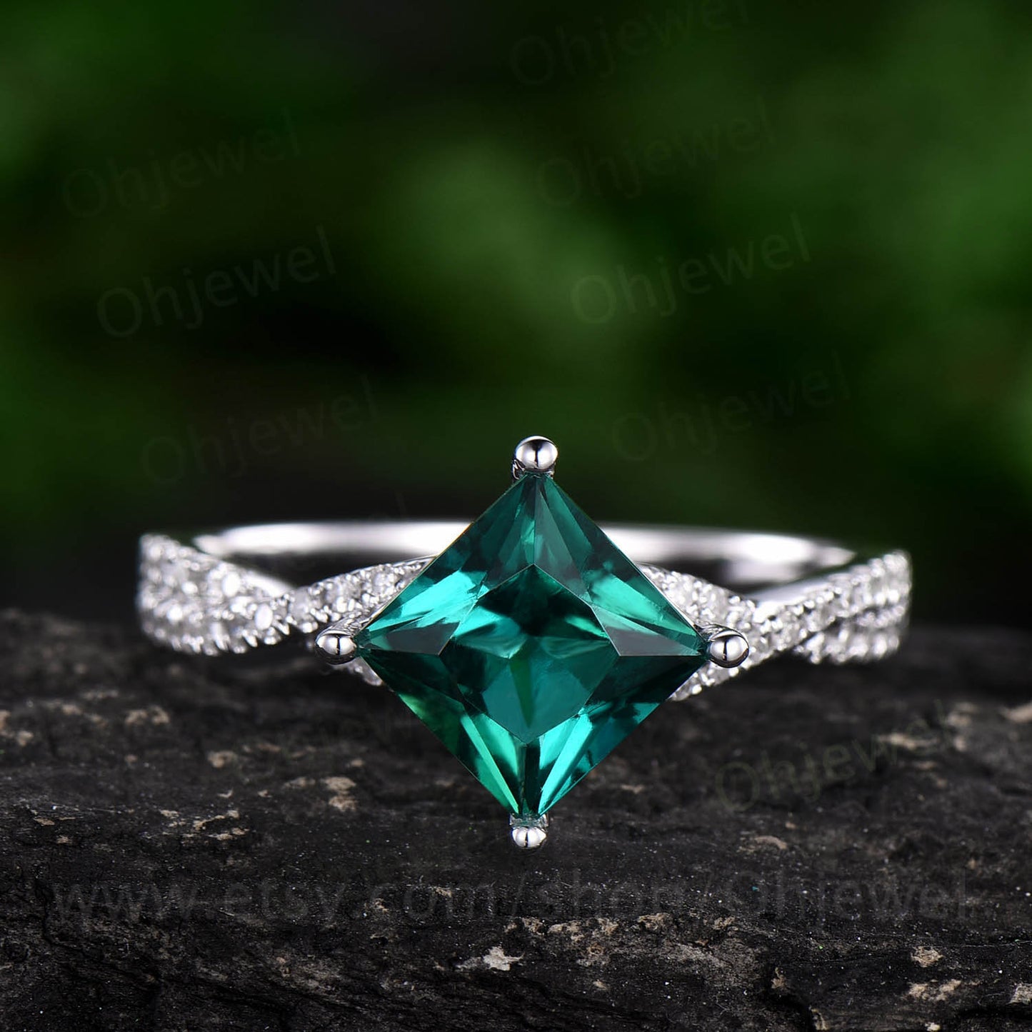Princess cut emerald engagement ring white rose gold emerald ring vintage real diamond twisted unique May birthstone promise wedding ring