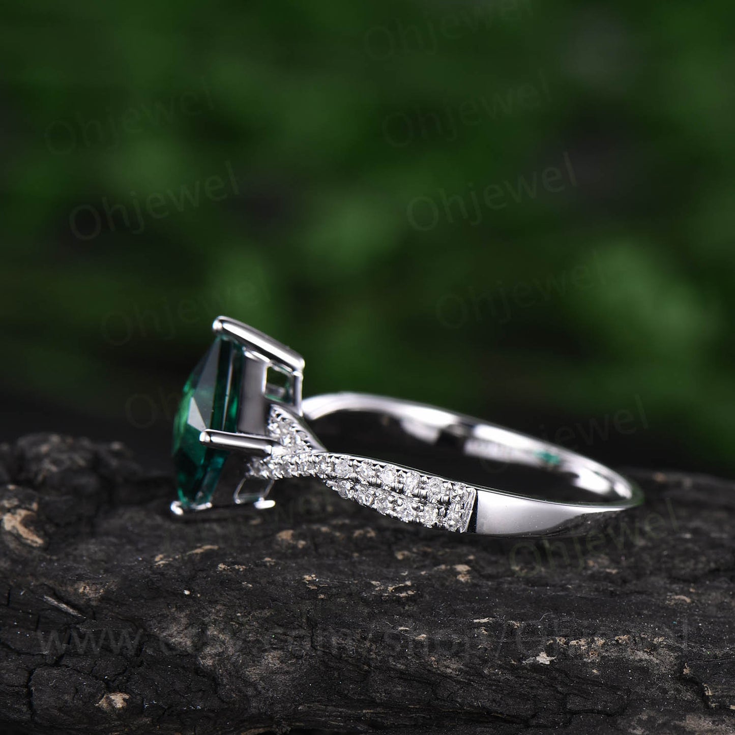Princess cut emerald engagement ring white rose gold emerald ring vintage real diamond twisted unique May birthstone promise wedding ring