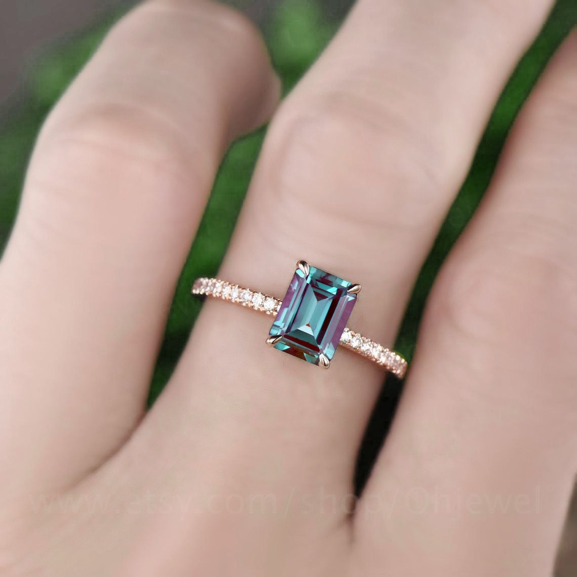Emerald cut Alexandrite engagement ring uniuqe Alexandrite ring vintage for women rose gold jewelry June birthstone ring anniversary gift