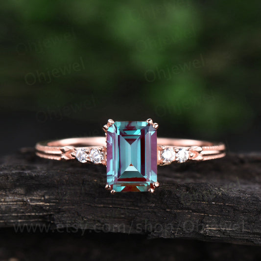 Vintage emerald cut Alexandrite engagement ring Alexandrite ring rose gold for women five stone unique ring Alexandrite jewelry bridal ring