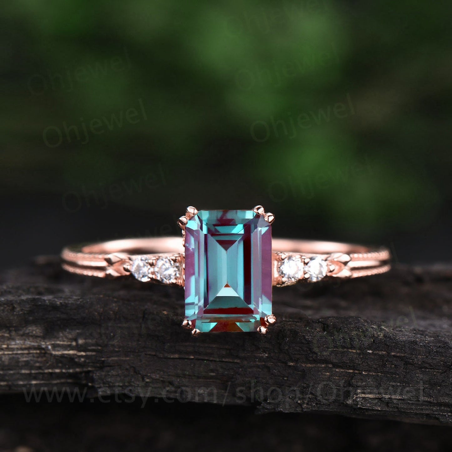 Vintage emerald cut Alexandrite engagement ring 14k rose gold Alexandrite ring for women five stone diamond ring unique bridal ring jewelry