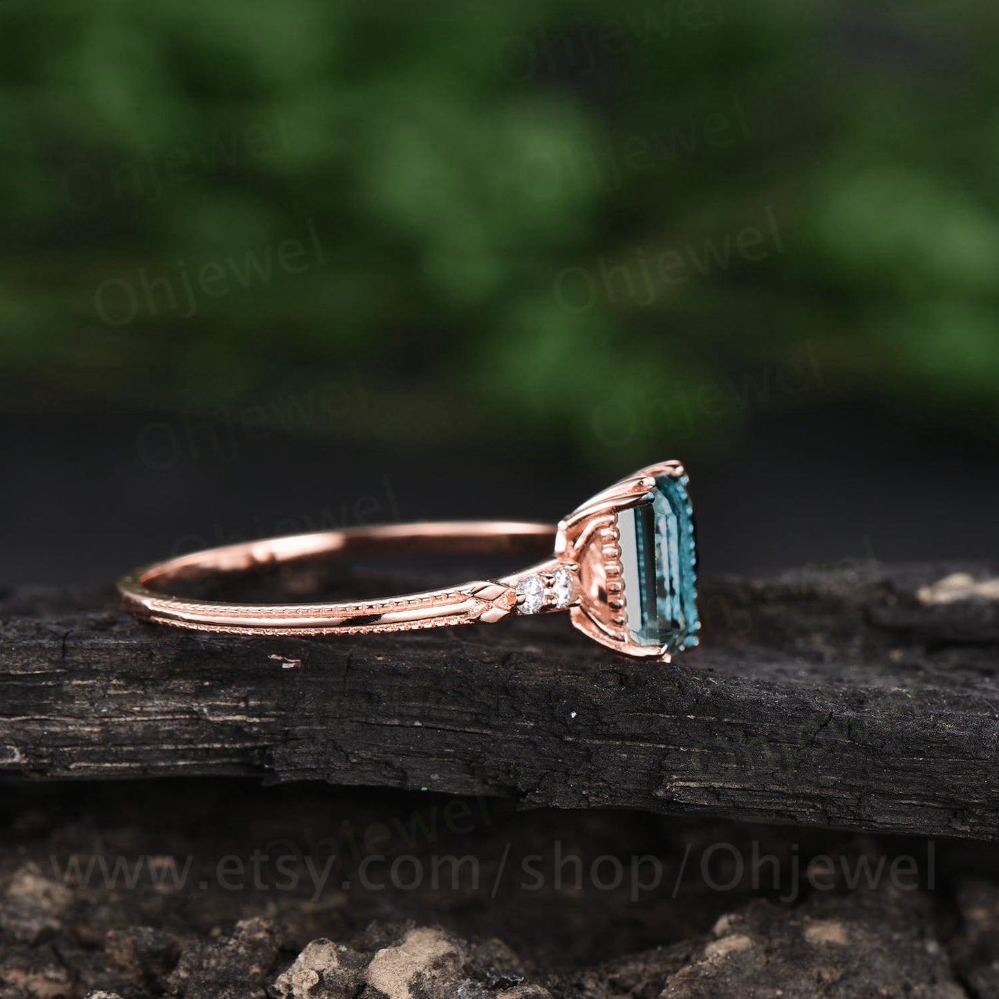 Vintage emerald cut Alexandrite engagement ring Alexandrite ring rose gold for women five stone unique ring Alexandrite jewelry bridal ring