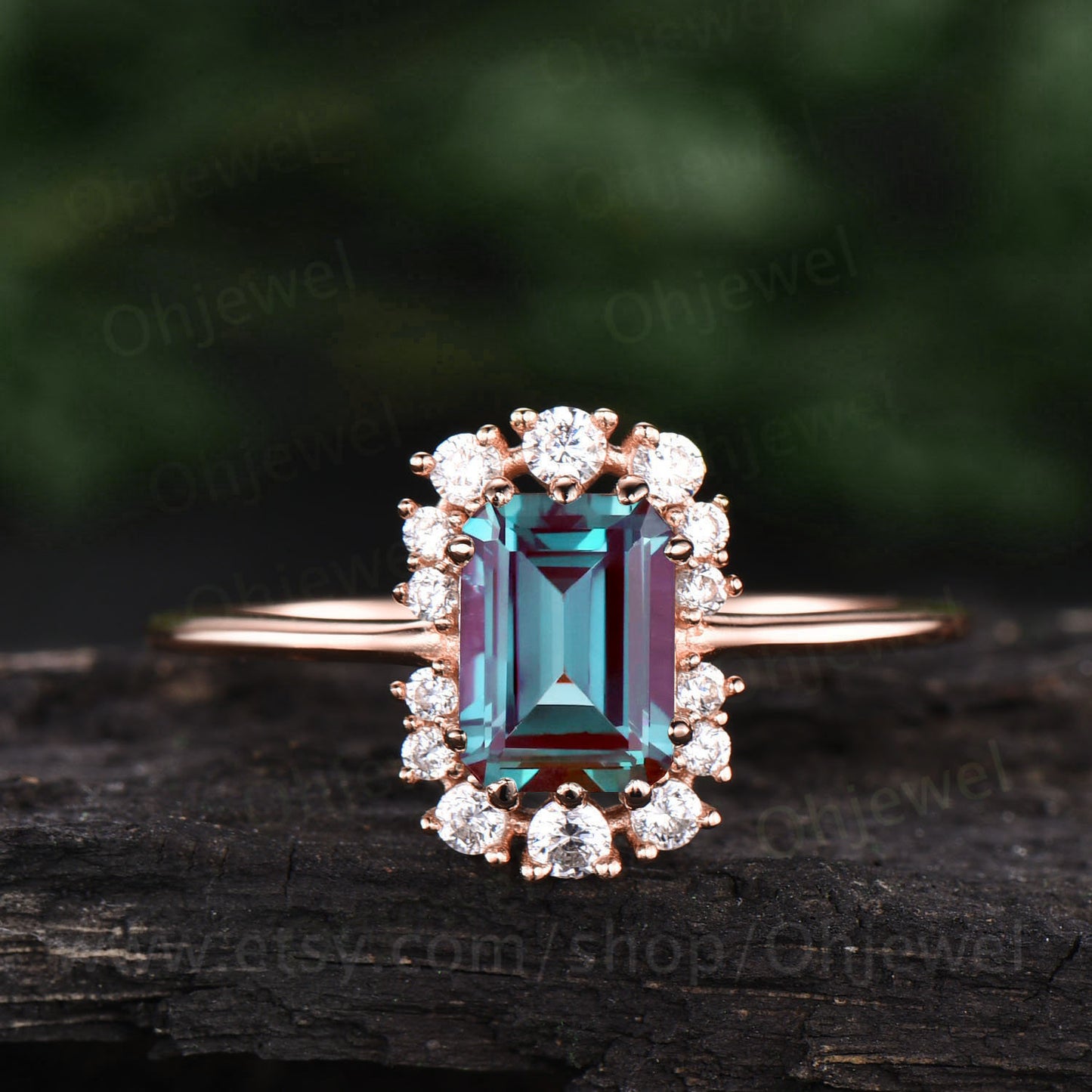Cluster halo moissanite ring vintage emerald cut Alexandrite engagement ring Alexandrite ring rose gold for women June birthstone ring band