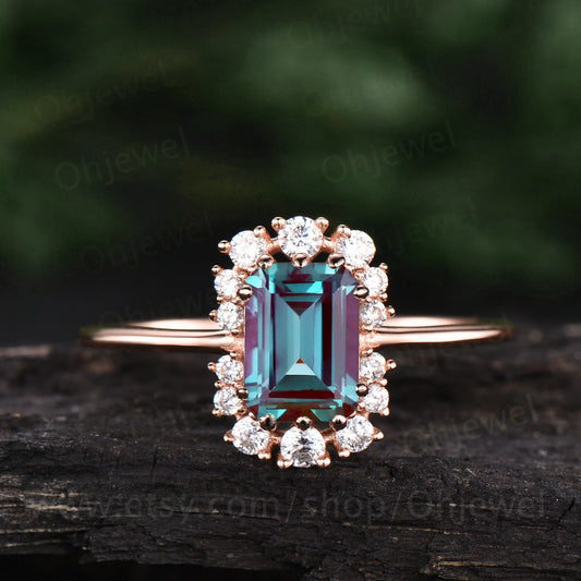 Cluster halo moissanite ring vintage emerald cut Alexandrite engagement ring Alexandrite ring rose gold for women June birthstone ring band