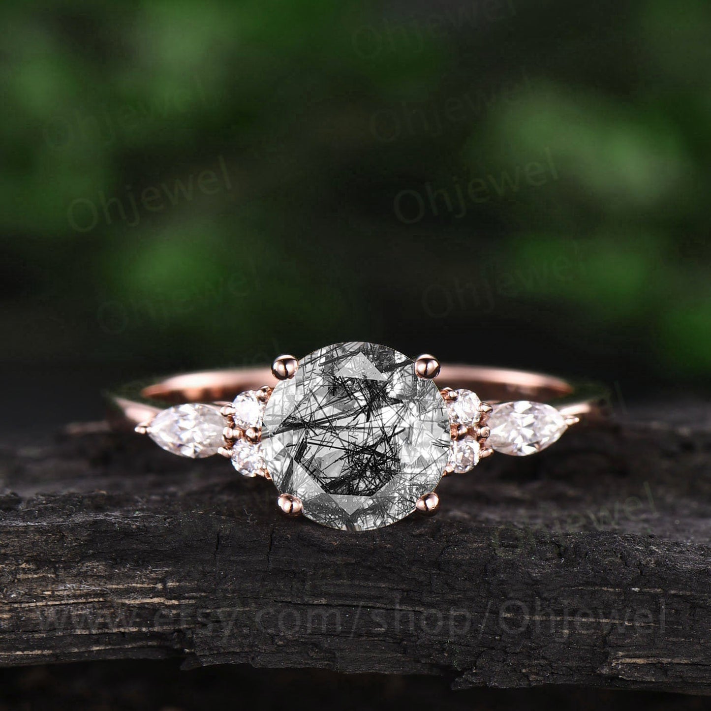 Vintage black rutilated quartz engagement ring rose gold marquise moissanite ring for women art deco unique ring bridal anniversary ring