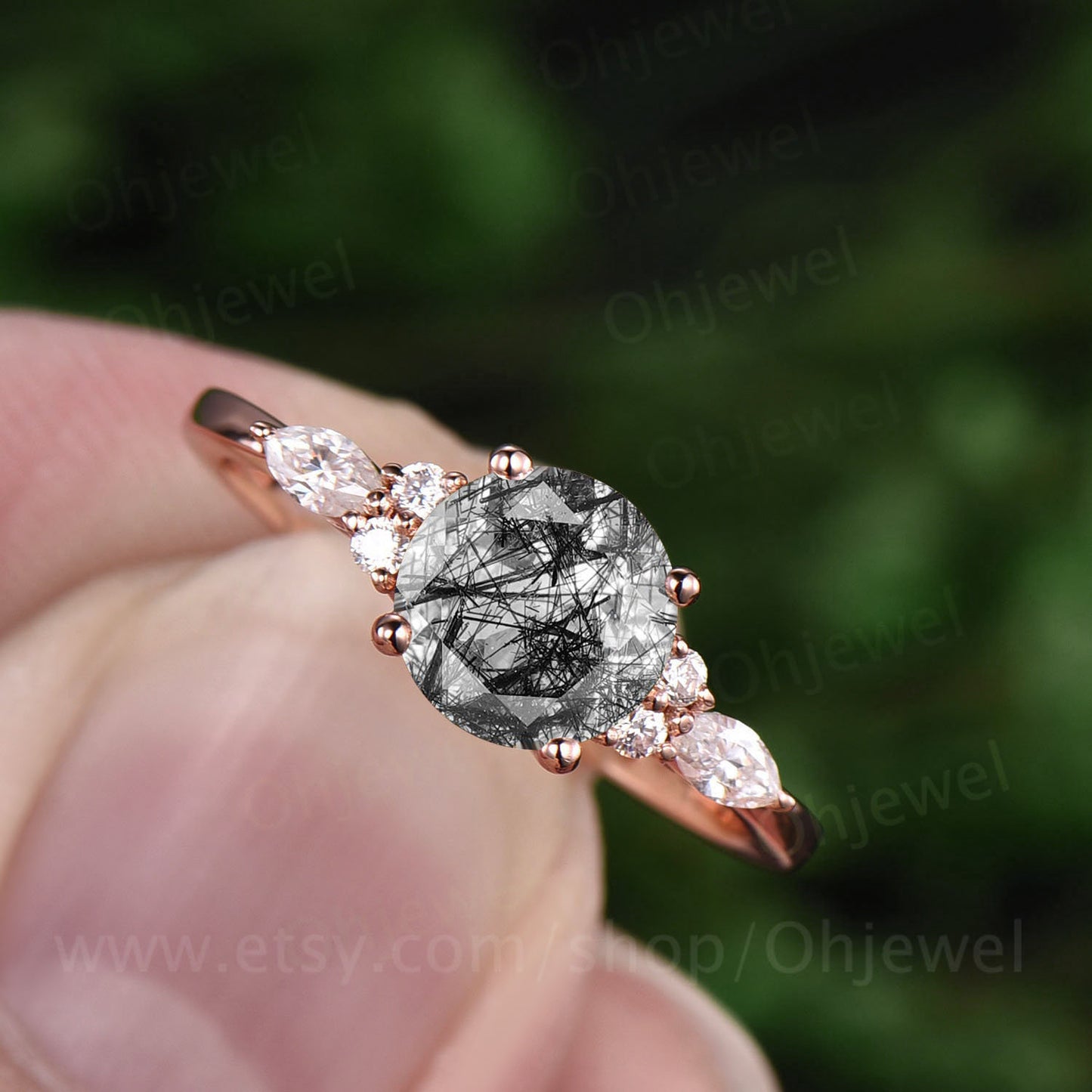 Vintage black rutilated quartz engagement ring rose gold marquise moissanite ring for women art deco unique ring bridal anniversary ring