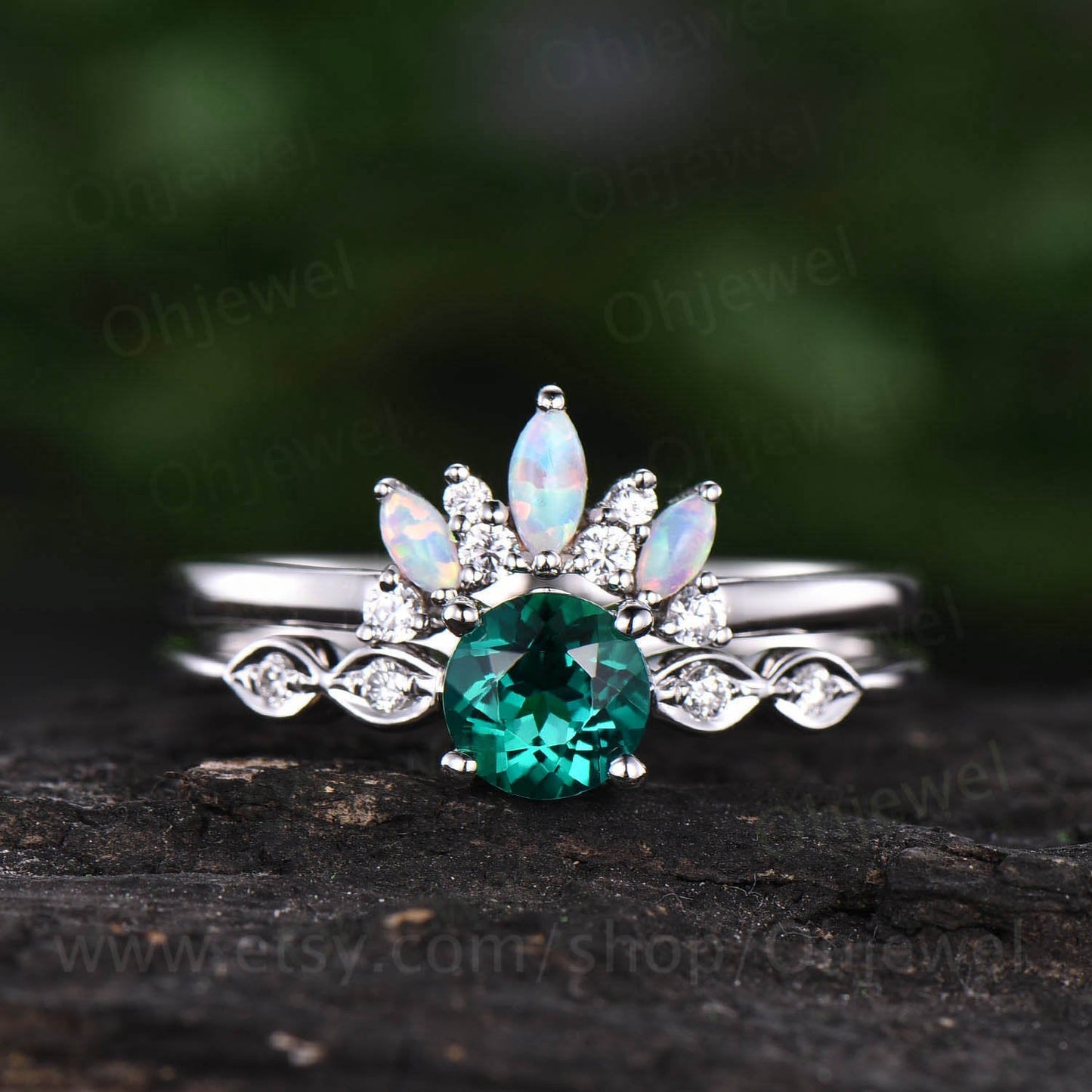 Emerald bridal set Vintage emerald engagement ring set maruqise opal ring for women white gold art deco moissanite ring emerald jewelry