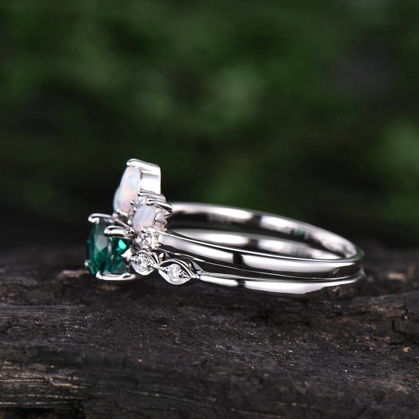 Emerald bridal set Vintage emerald engagement ring set maruqise opal ring for women white gold art deco moissanite ring emerald jewelry