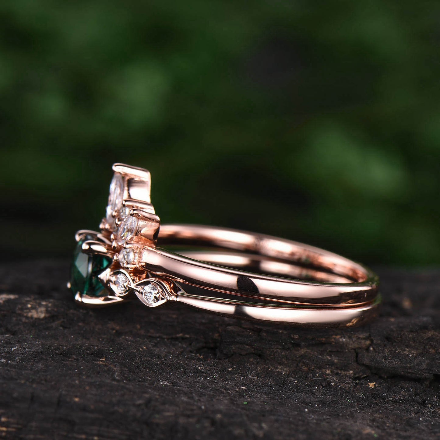 Emerald bridal set 2pcs emerald engagement ring set emerald rings for women rose gold maruqise moissanite ring wedding band emerald jewelry