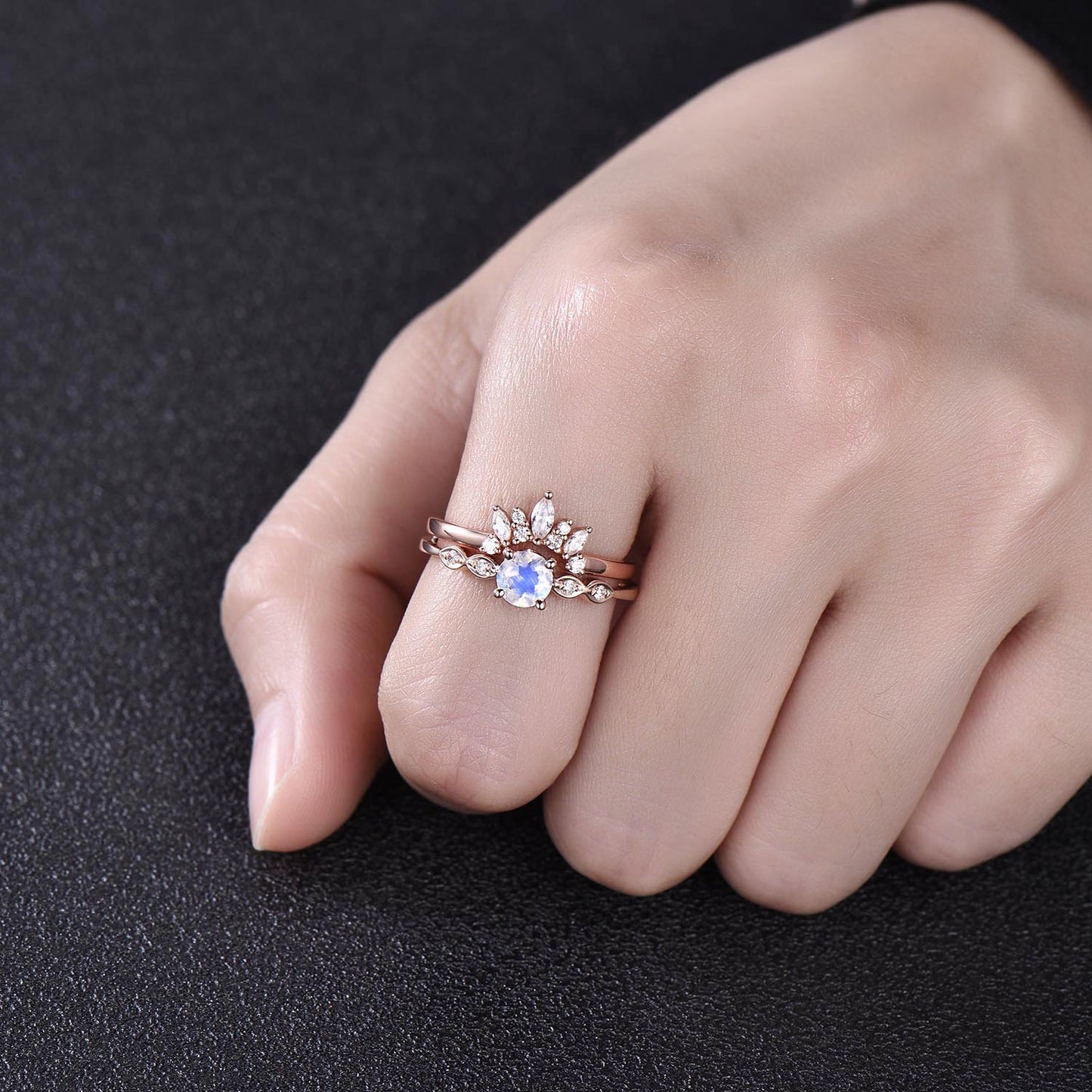 Vintage moonstone engagement ring set natural moonstone ring for women rose gold June birthstone ring marquise moissanite ring bridal set