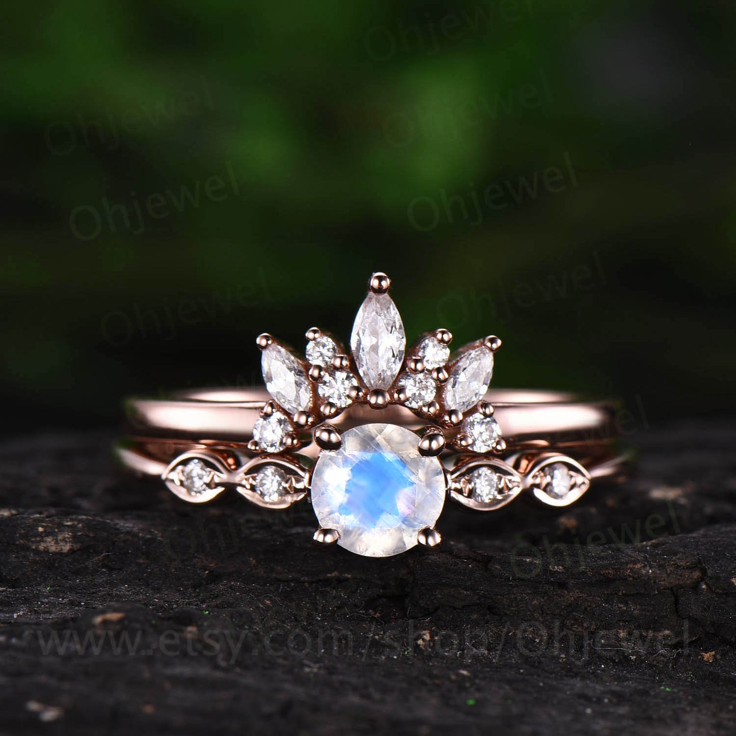 Vintage moonstone engagement ring set natural moonstone ring for women rose gold June birthstone ring marquise moissanite ring bridal set