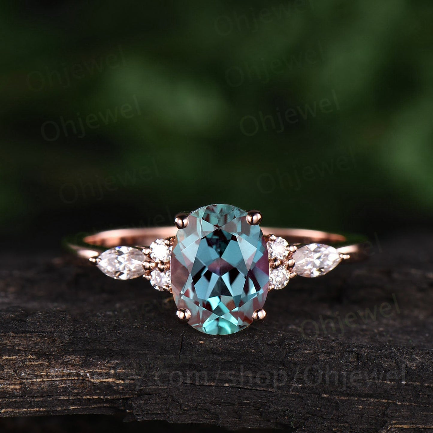 Vintage Alexandrite engagement ring color change oval Alexandrite ring for women rose gold June birthstone ring unique sterling silver ring