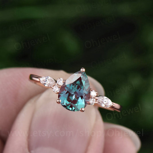 Color change Alexandrite ring for women vintage Alexandrite engagement ring rose gold pear Alexandrite jewelry June birthstone ring gift