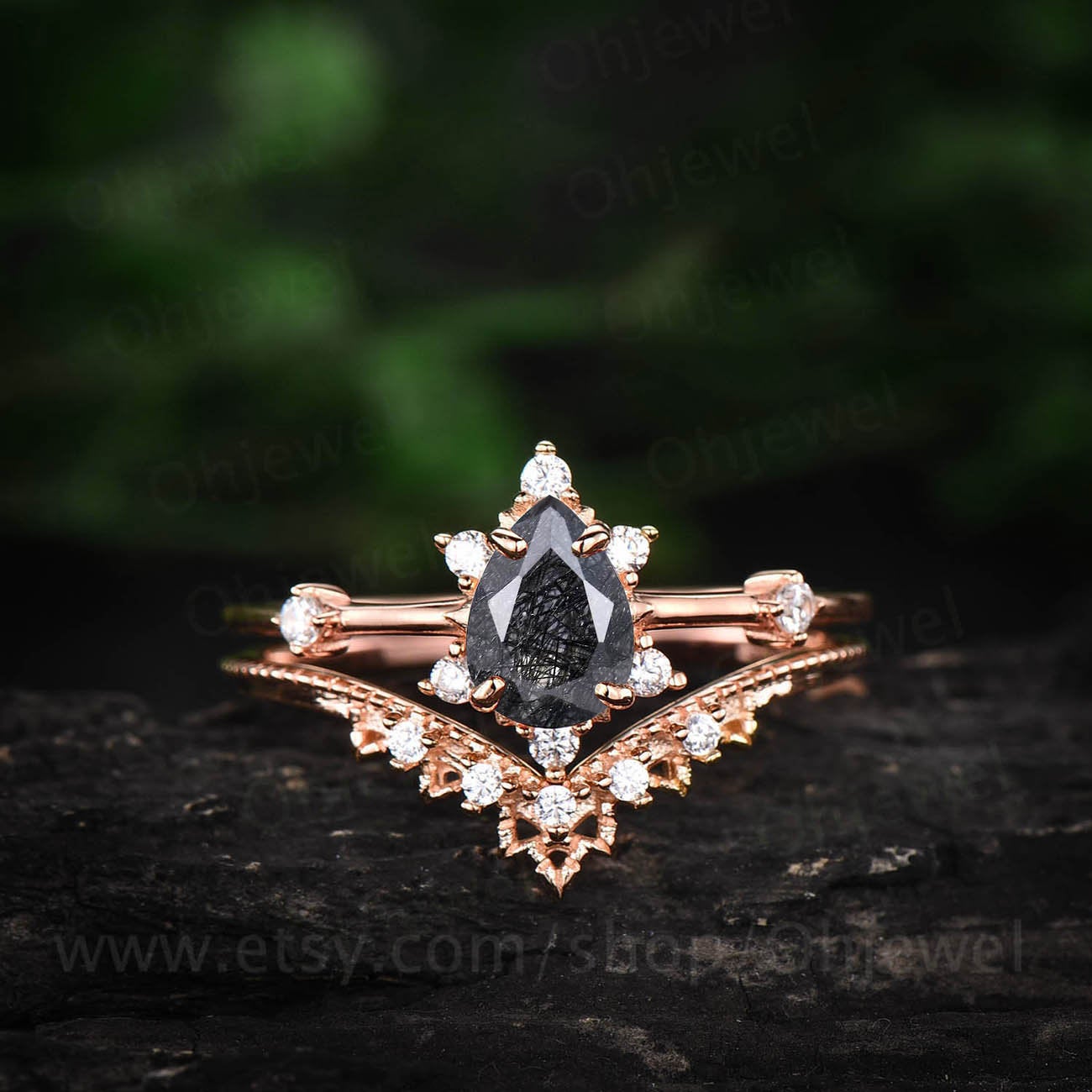 Pear Shaped Black Rutilated Quartz Engagement Ring Rose Gold Women Vintage Bridal Set Unique Moissanite Ring Wedding band Anniversary Gift