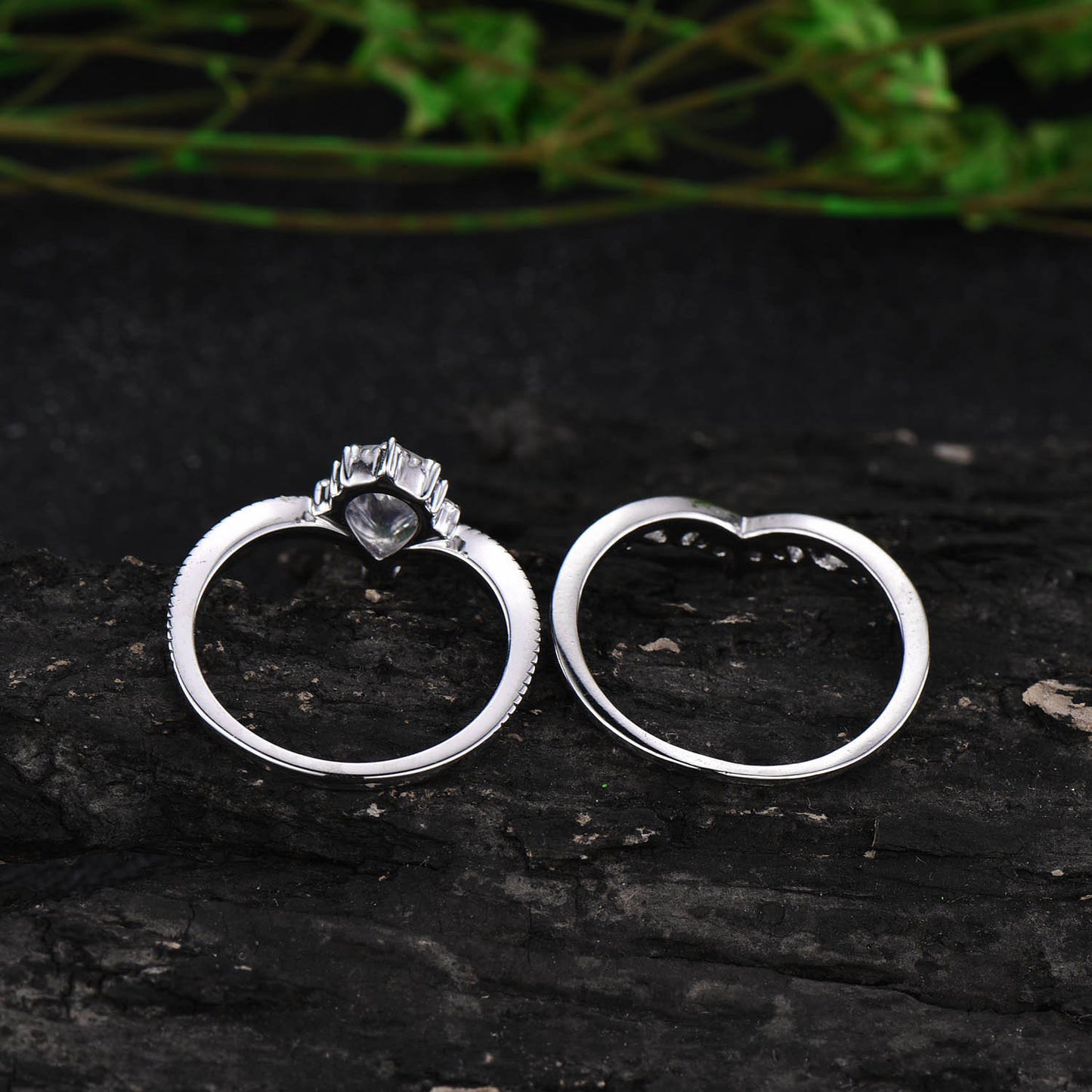 Black rutilated quartz engagement ring set pear rutilated quartz ring Milgrain vintage unique white gold moissanite ring Anniversary gifts