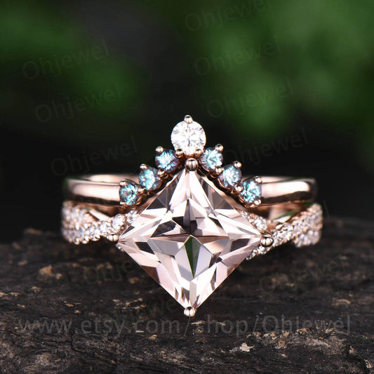 Princess cut morganite engagement ring set vintage unique morganite ring for women alexandrite wedding band moissanite bridal set jewelry