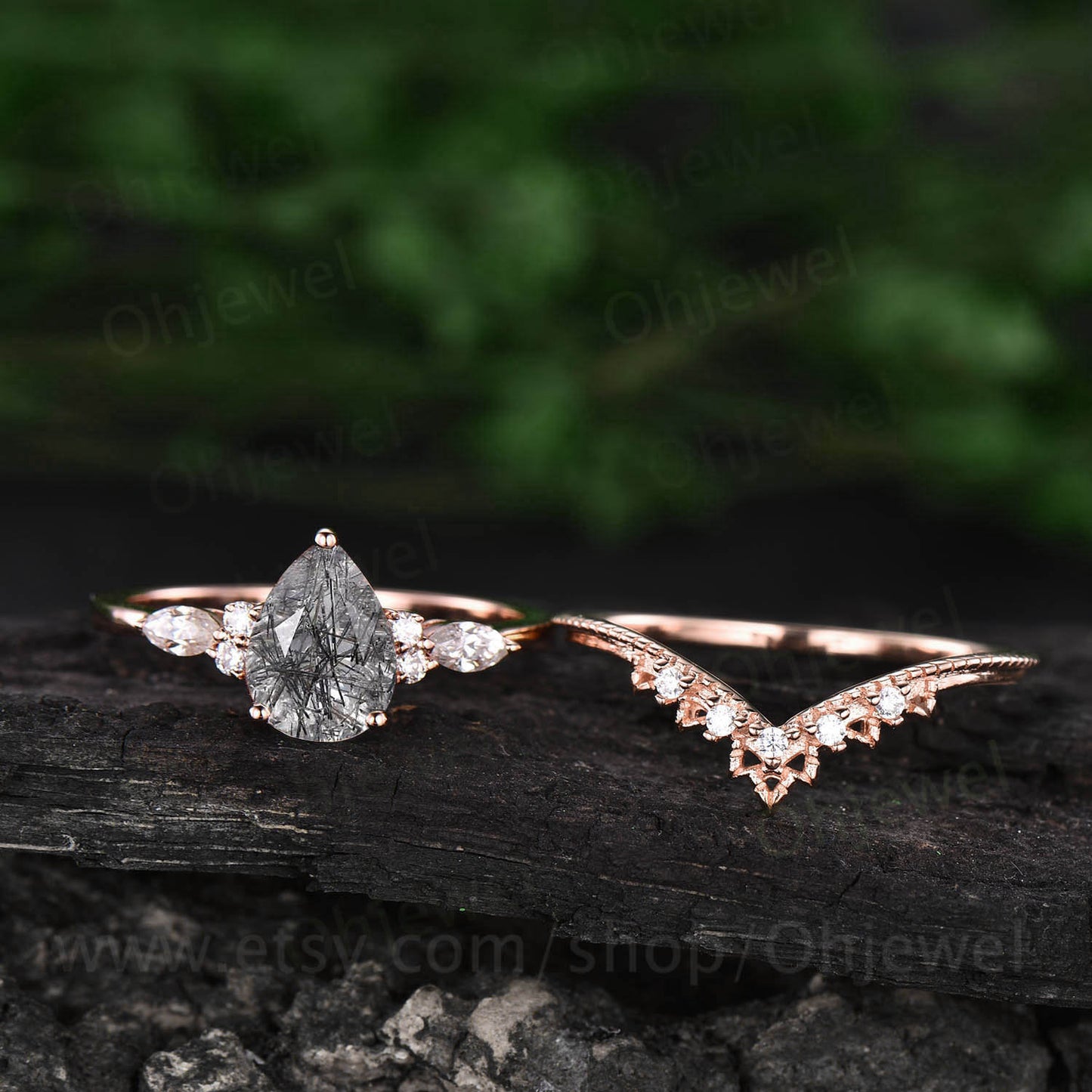 Vintage black rutilated quartz engagement ring set unique bridal set marquise moissanite ring for women black stone ring wedding set gift