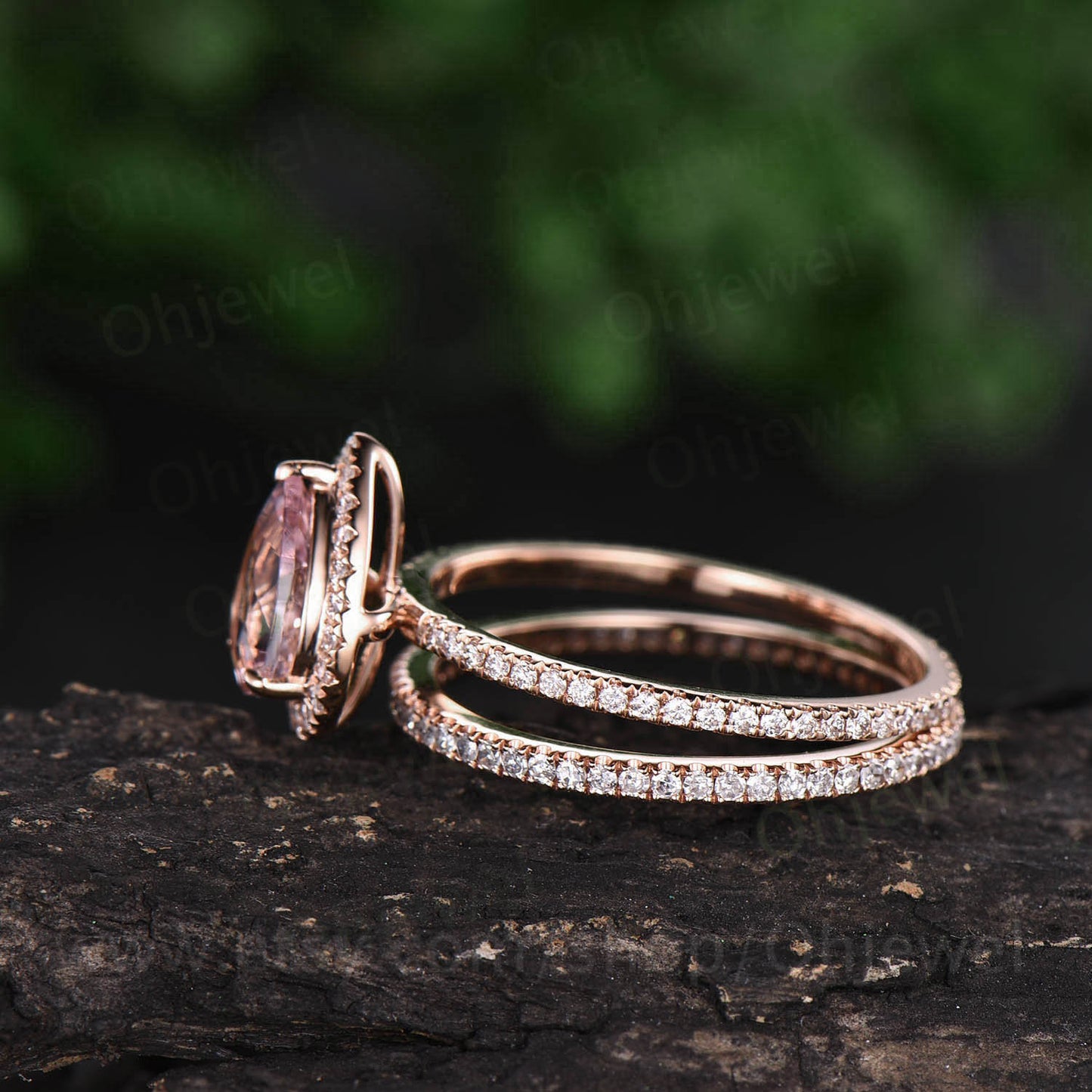 2pcs Pear shaped morganite engagement ring set full eternity diamond ring for women solid 14k rose gold bridal set morganite jewelry gift
