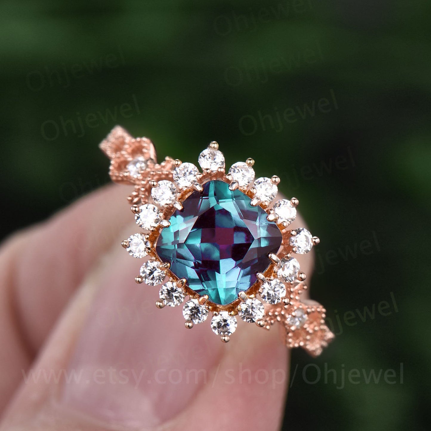Cushion alexandrite engagement ring vintage alexandrite rings for women antique unique design ring June birthstone ring moissanite halo ring