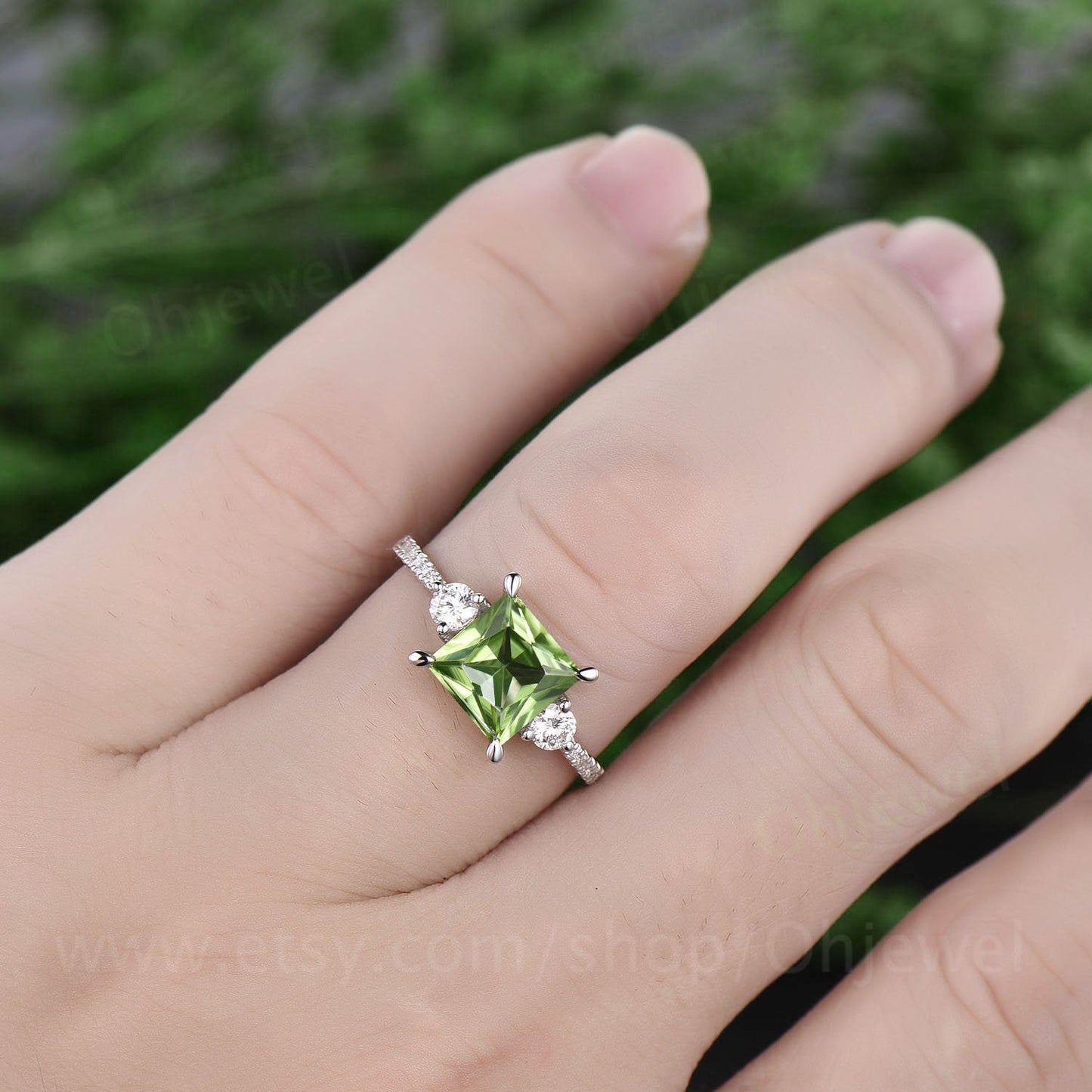 Princess cut engagement ring vintage peridot engagement ring moissanite rings for women solid white gold birthday gift peridot jewelry
