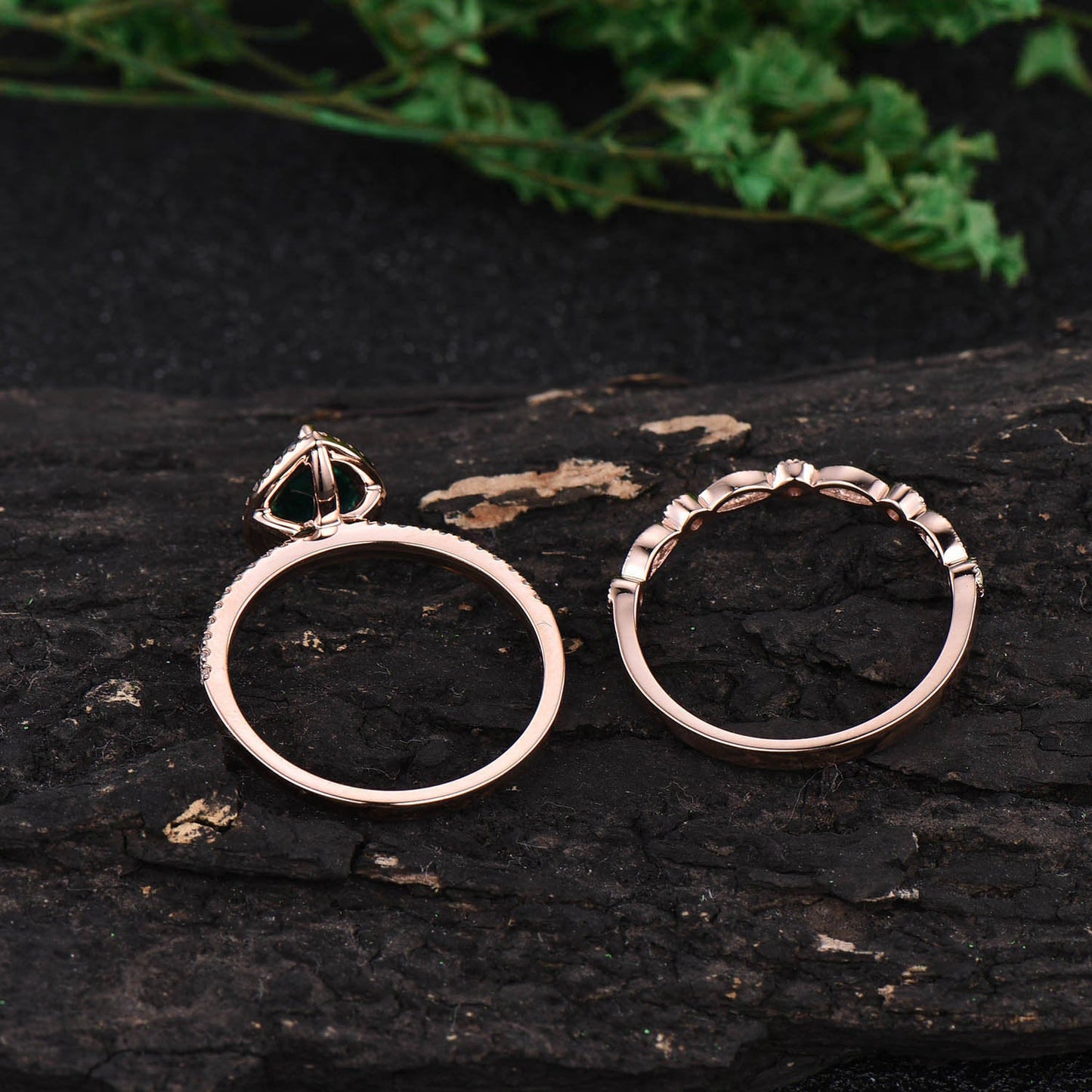 Rose gold ring set 2pcs pear emerald engagement ring set real diamond ring vintage opal ring unique opal wedding band anniversary ring gift