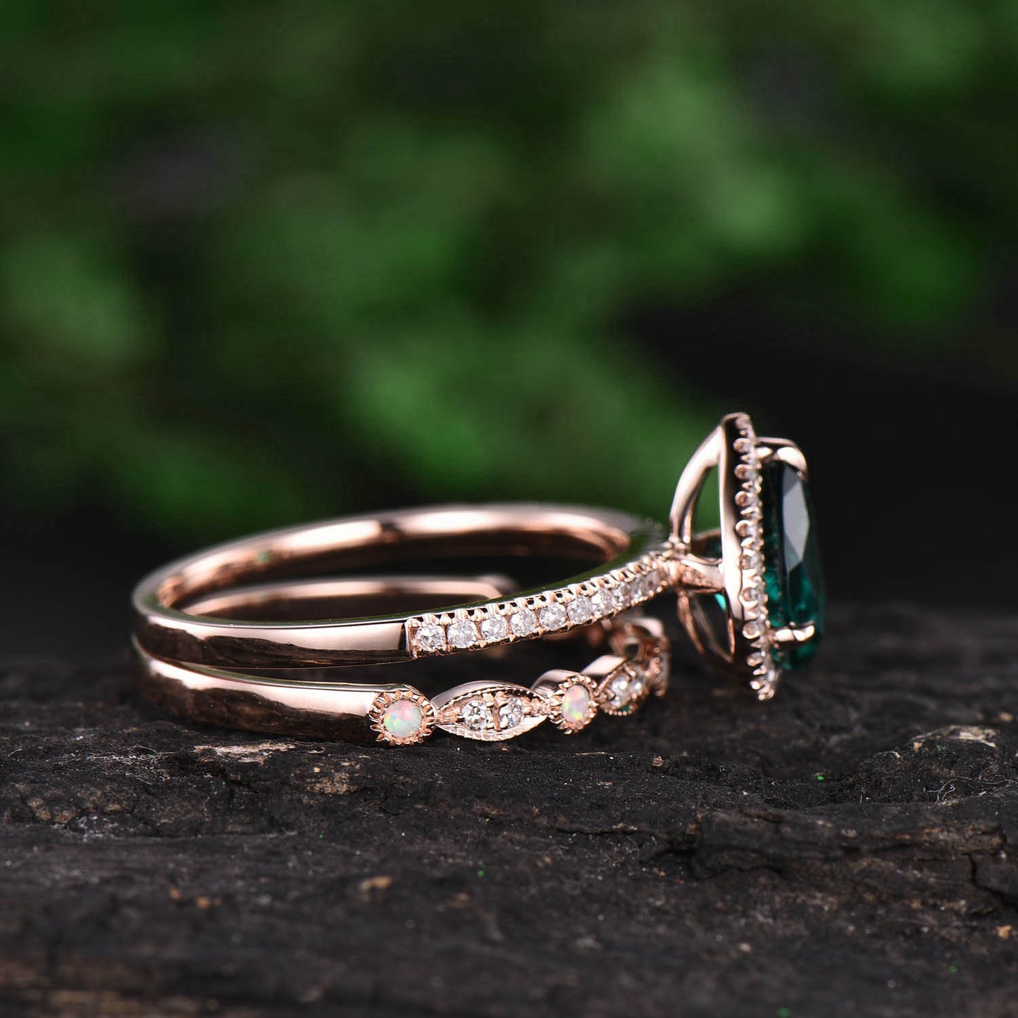 Rose gold ring set 2pcs pear emerald engagement ring set real diamond ring vintage opal ring unique opal wedding band anniversary ring gift