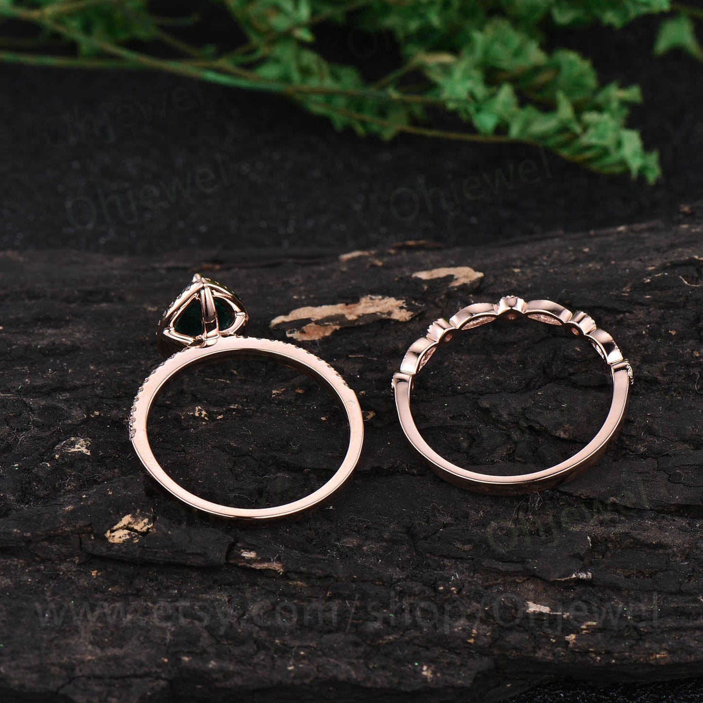 Pear black rutilated quartz engagement ring set vintage opal ring  solid rose gold unique diamond ring wedding bridal set anniversary gift