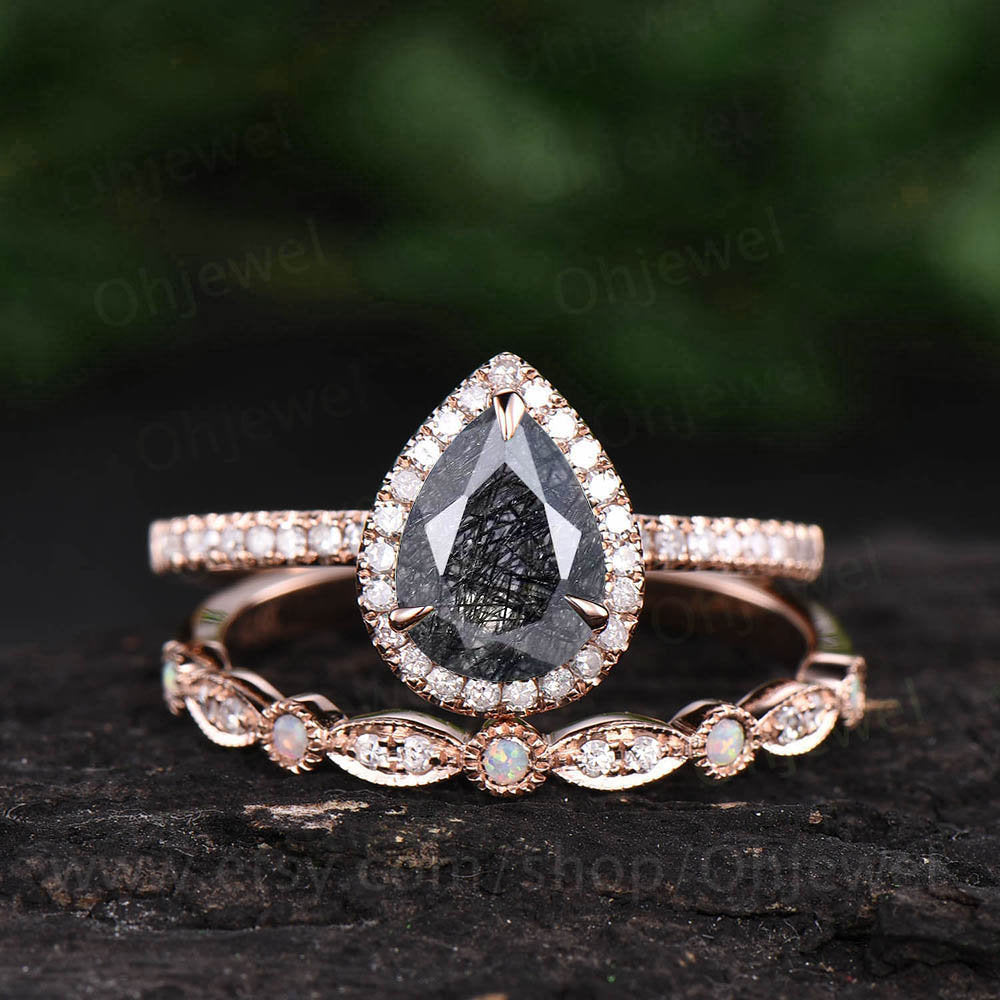 Pear black rutilated quartz engagement ring set vintage opal ring  solid rose gold unique diamond ring wedding bridal set anniversary gift