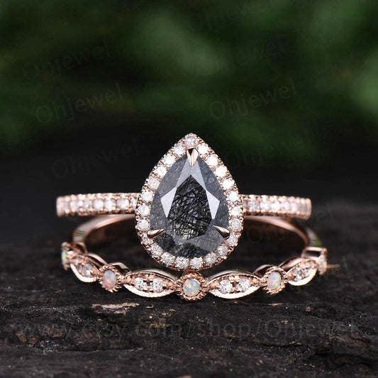 Pear black rutilated quartz engagement ring set vintage opal ring  solid rose gold unique diamond ring wedding bridal set anniversary gift