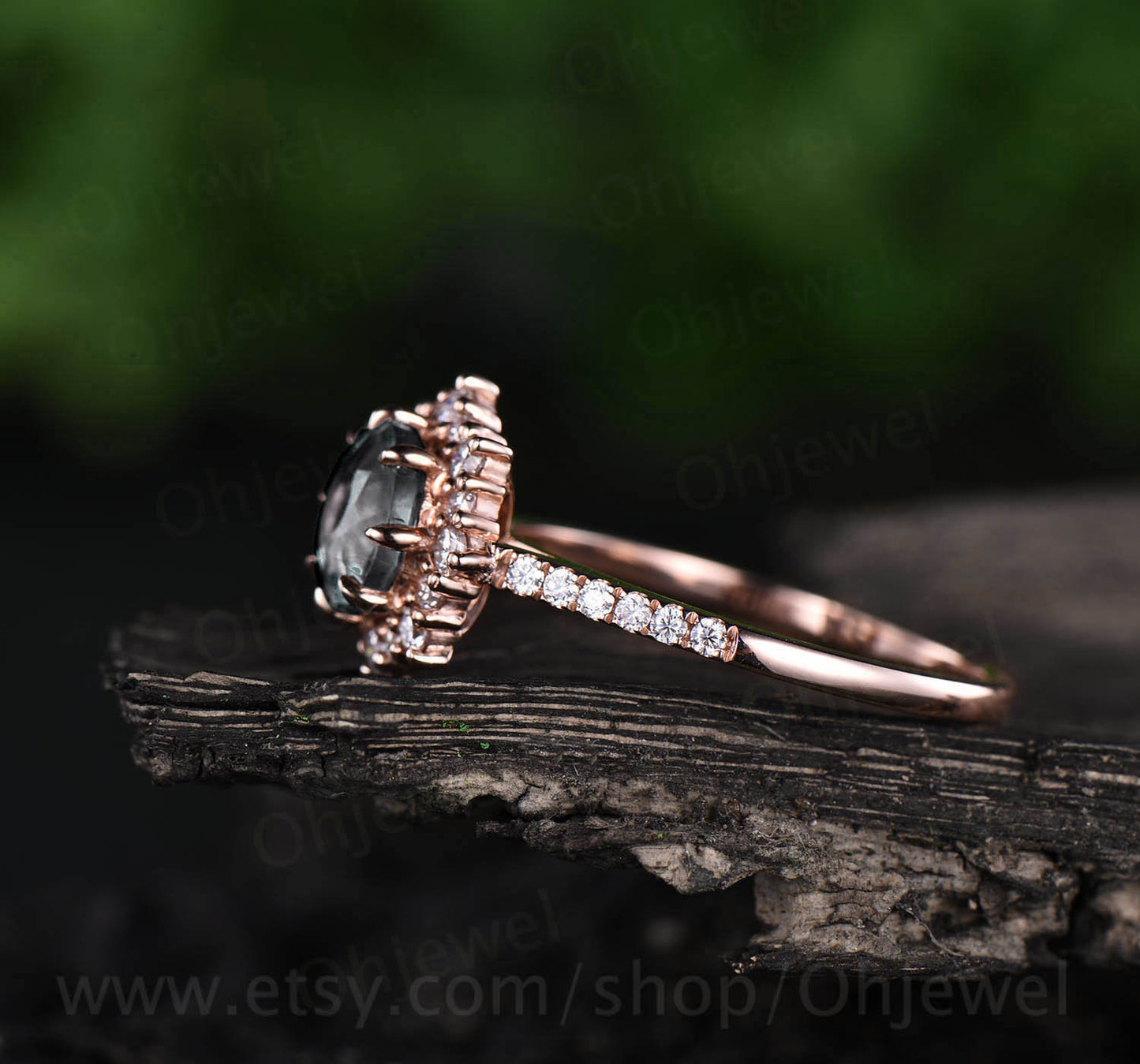 Round black rutilated quartz engagement ring rose gold vintage cluster halo moissanite ring women jewelry unique wedding bridal ring gift