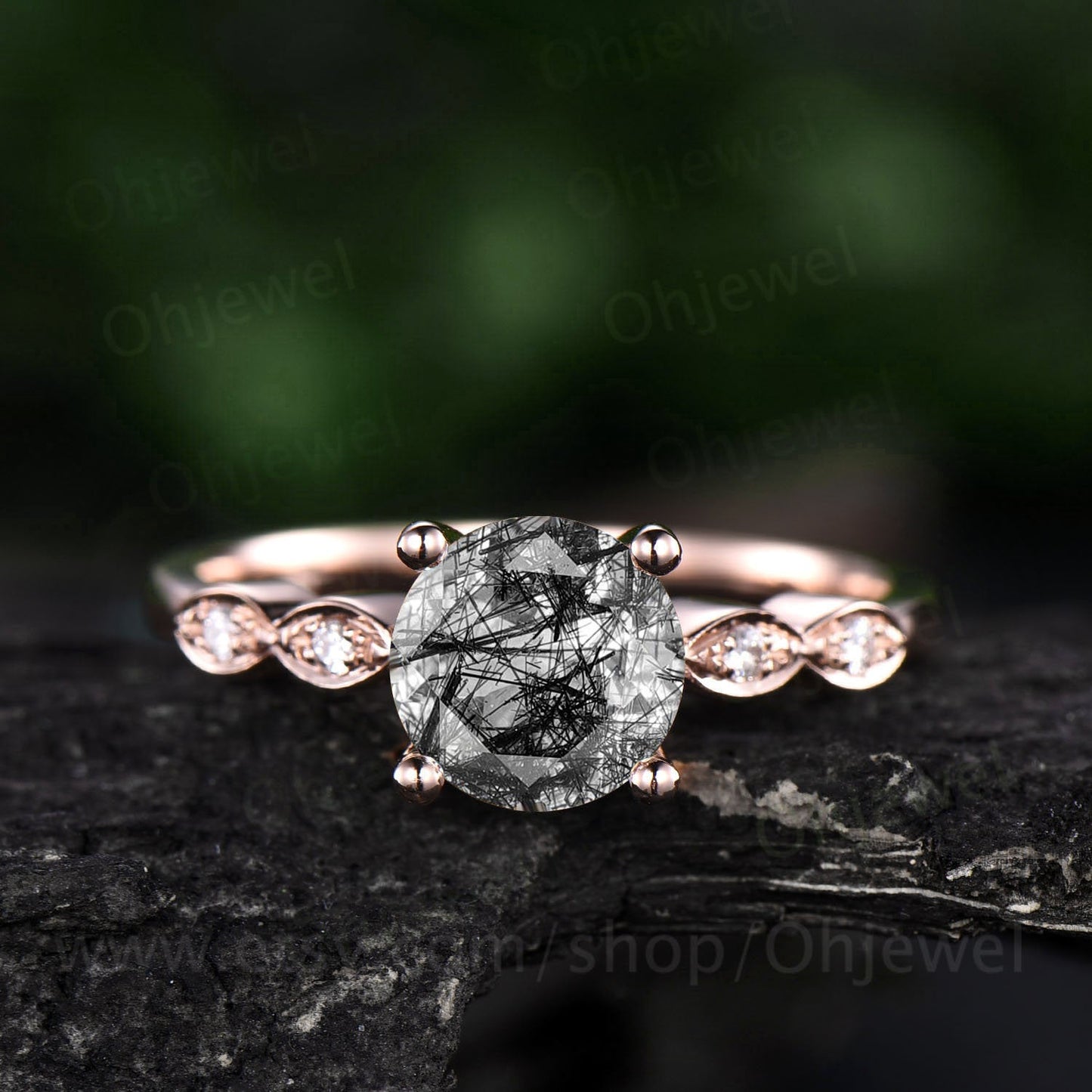 7mm round vintage black rutilated quartz engagement ring for women solid rose gold ring marquise antique real diamond ring anniversary gift