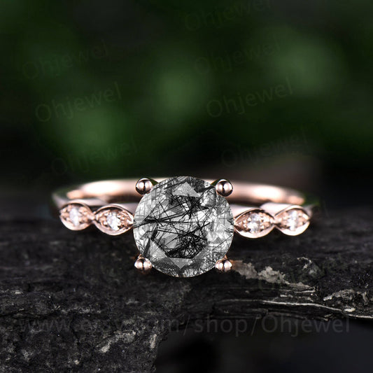 7mm round vintage black rutilated quartz engagement ring for women solid rose gold ring marquise antique real diamond ring anniversary gift