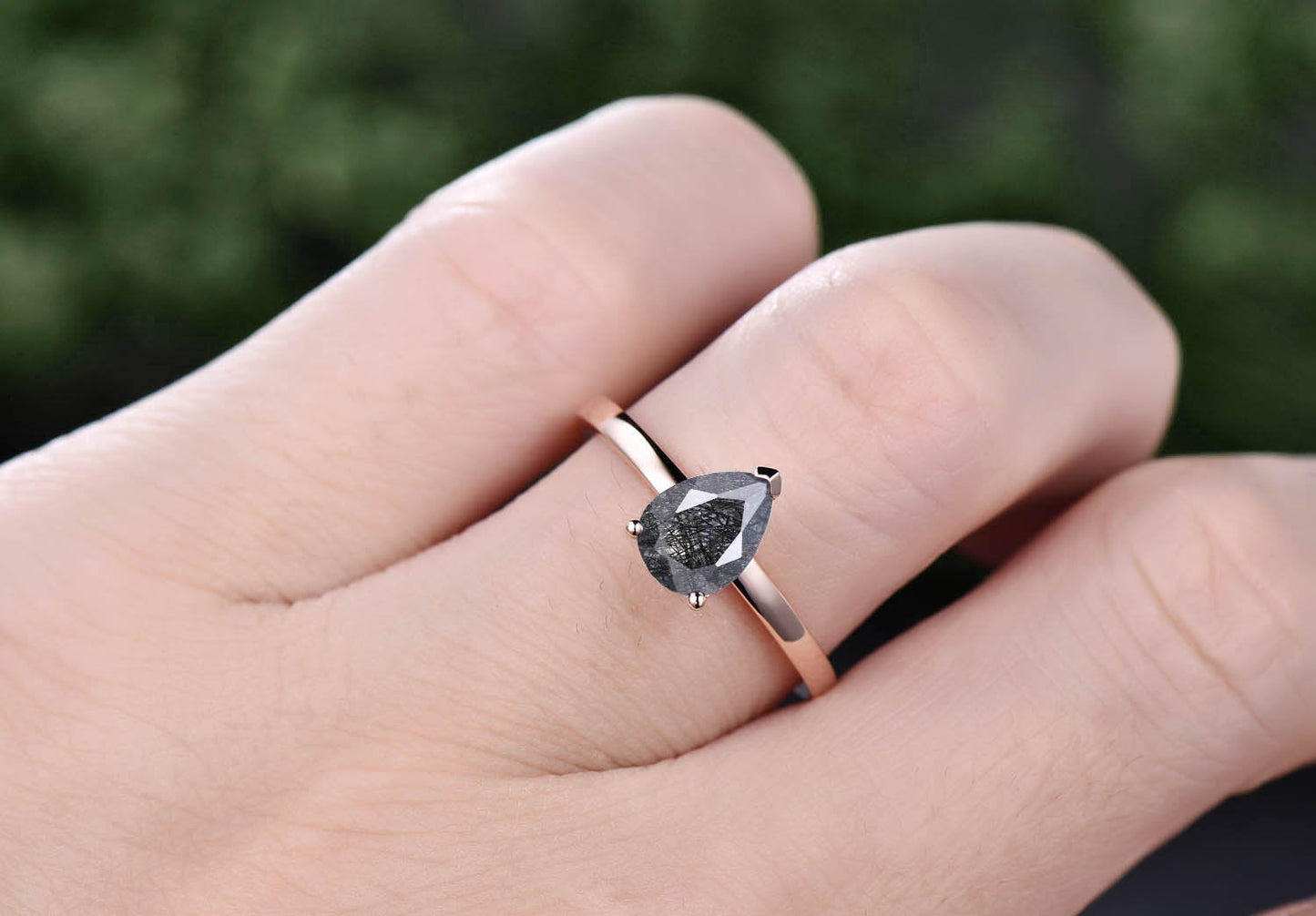 6x8mm teardrop black rutilated quartz engagement ring for women solid 14k/18k rose gold Solitaire ring graduation birthday anniversary gift