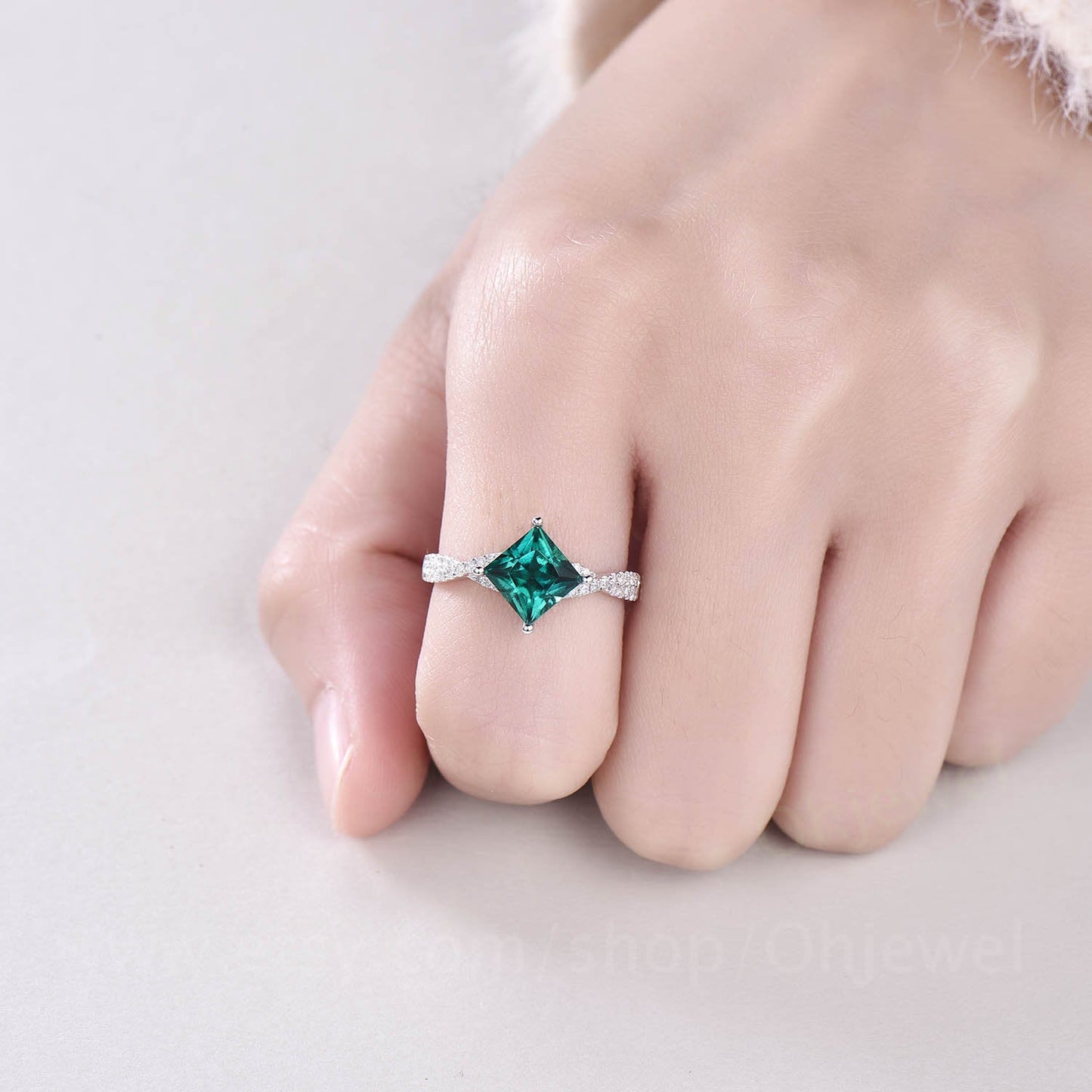 Princess cut emerald engagement ring white rose gold emerald ring vintage real diamond twisted unique May birthstone promise wedding ring