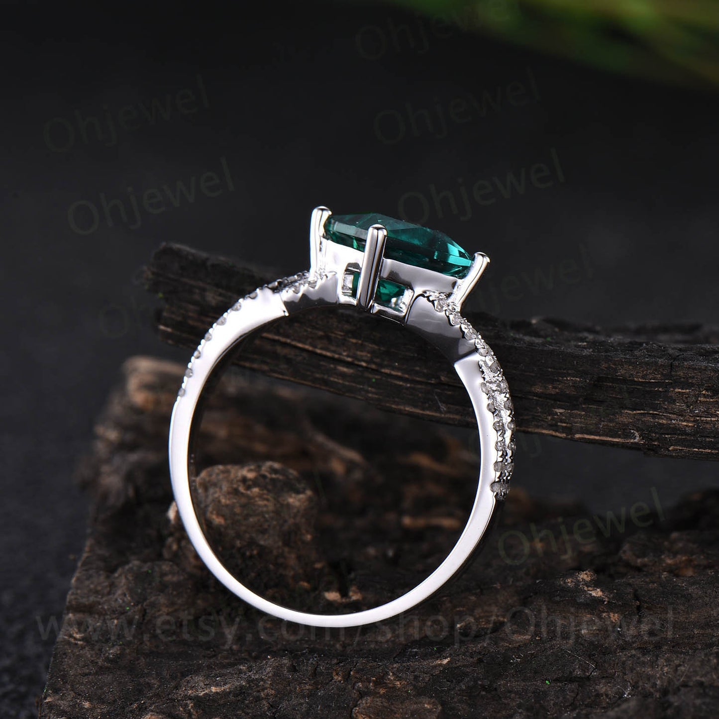 Princess cut emerald engagement ring white rose gold emerald ring vintage real diamond twisted unique May birthstone promise wedding ring