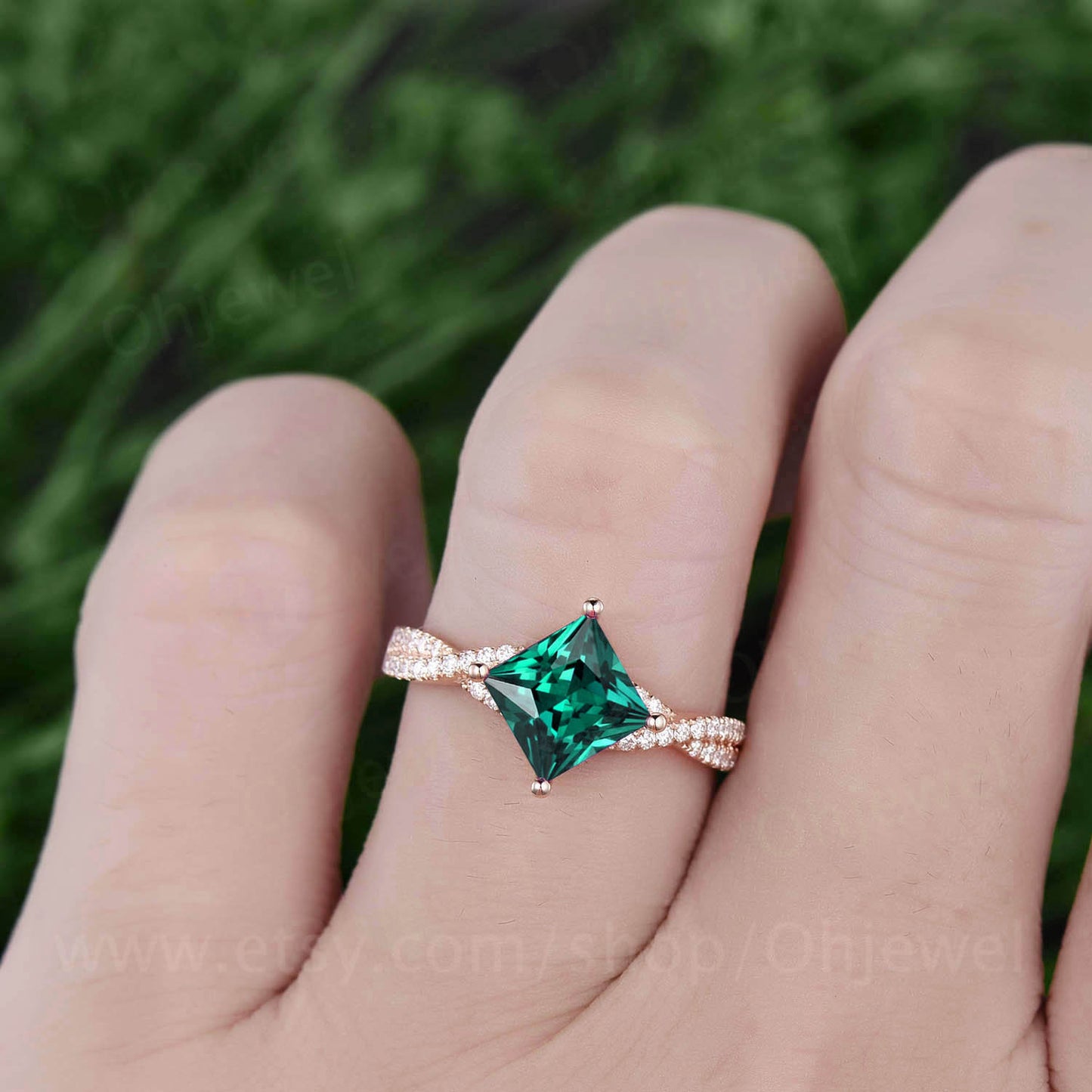 7mm Princess cut emerald engagement ring rose gold emerald rings for women vintage unique ring emerald jewelry May birthstone ring gift