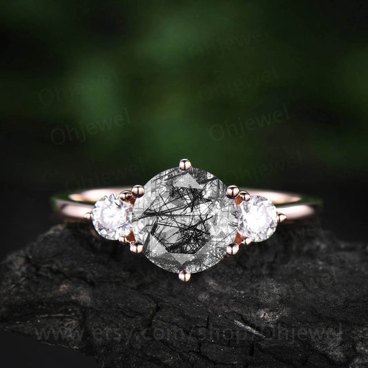 Vintage black rutilated quartz engagement ring rose gold for women three stone ring unique moissanite ring wedding bridal anniversary gift