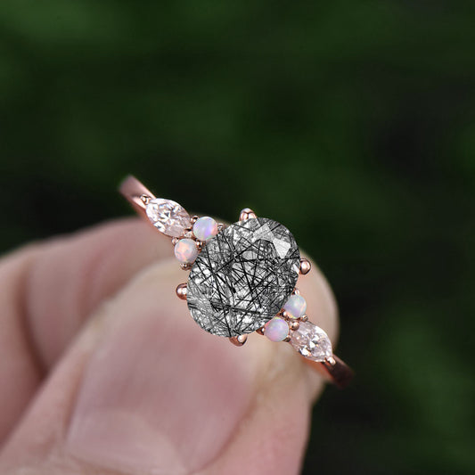 Uniuqe black rutilated quartz engagement ring vintage opal ring marquise moissanite ring for women rose gold ring jewelry birthday gift