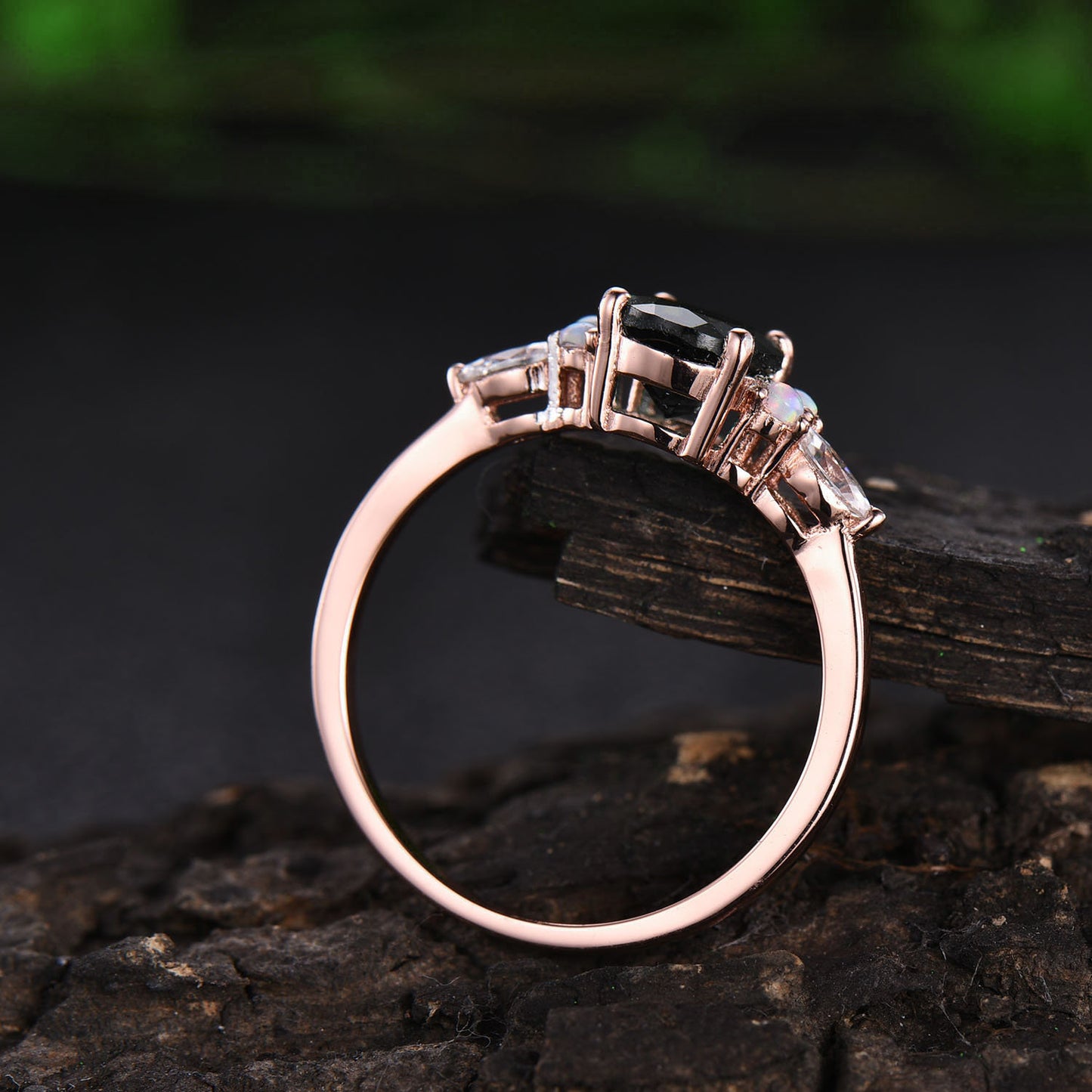 Uniuqe black rutilated quartz engagement ring vintage opal ring marquise moissanite ring for women rose gold ring jewelry birthday gift