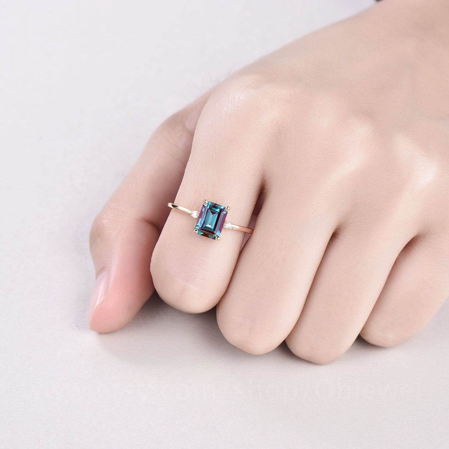 Three stone diamond ring emerald cut Alexandrite engagement ring vintage Alexandrite ring for women solid rose gold jewelry anniversary gift