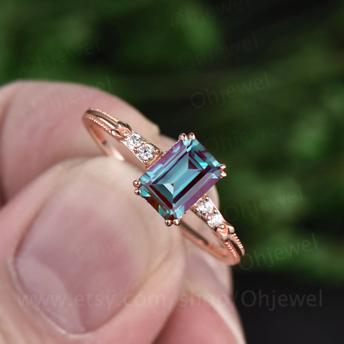 Vintage emerald cut Alexandrite engagement ring 14k rose gold Alexandrite ring for women five stone diamond ring unique bridal ring jewelry