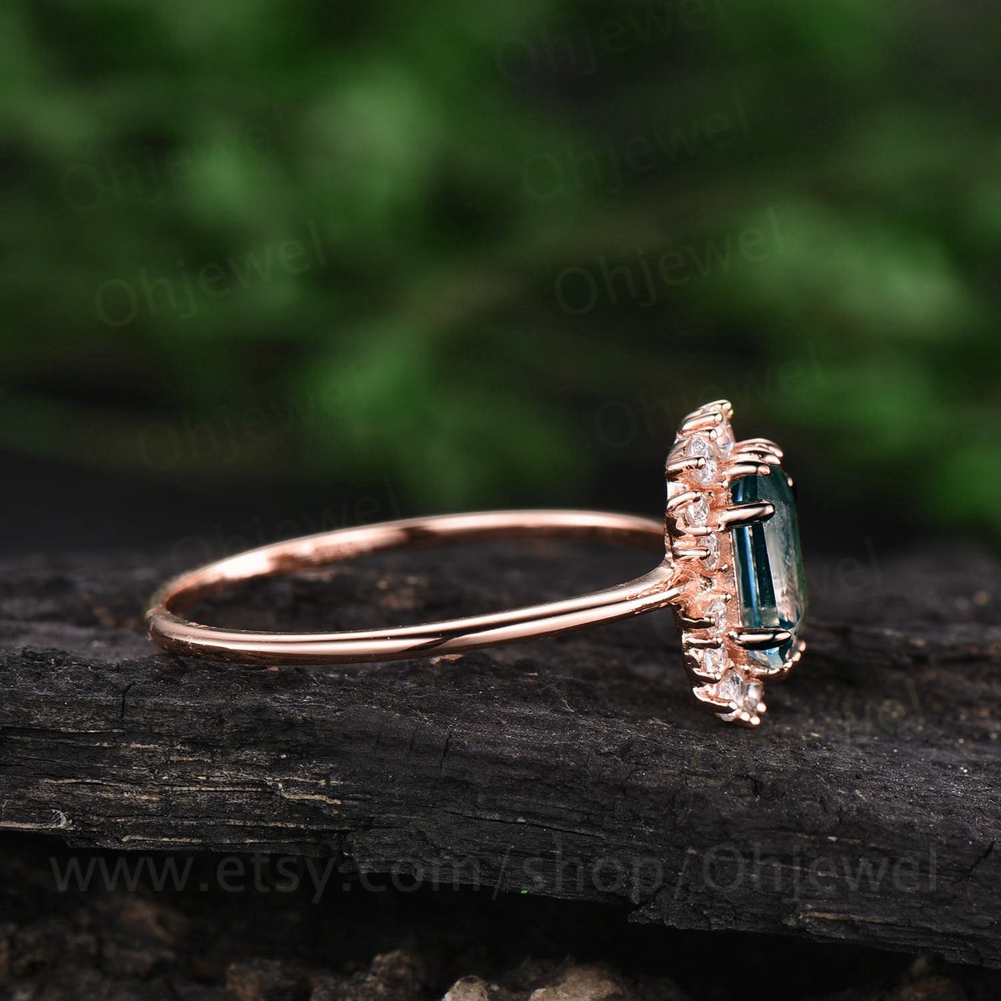 Cluster halo moissanite ring vintage emerald cut Alexandrite engagement ring Alexandrite ring rose gold for women June birthstone ring band