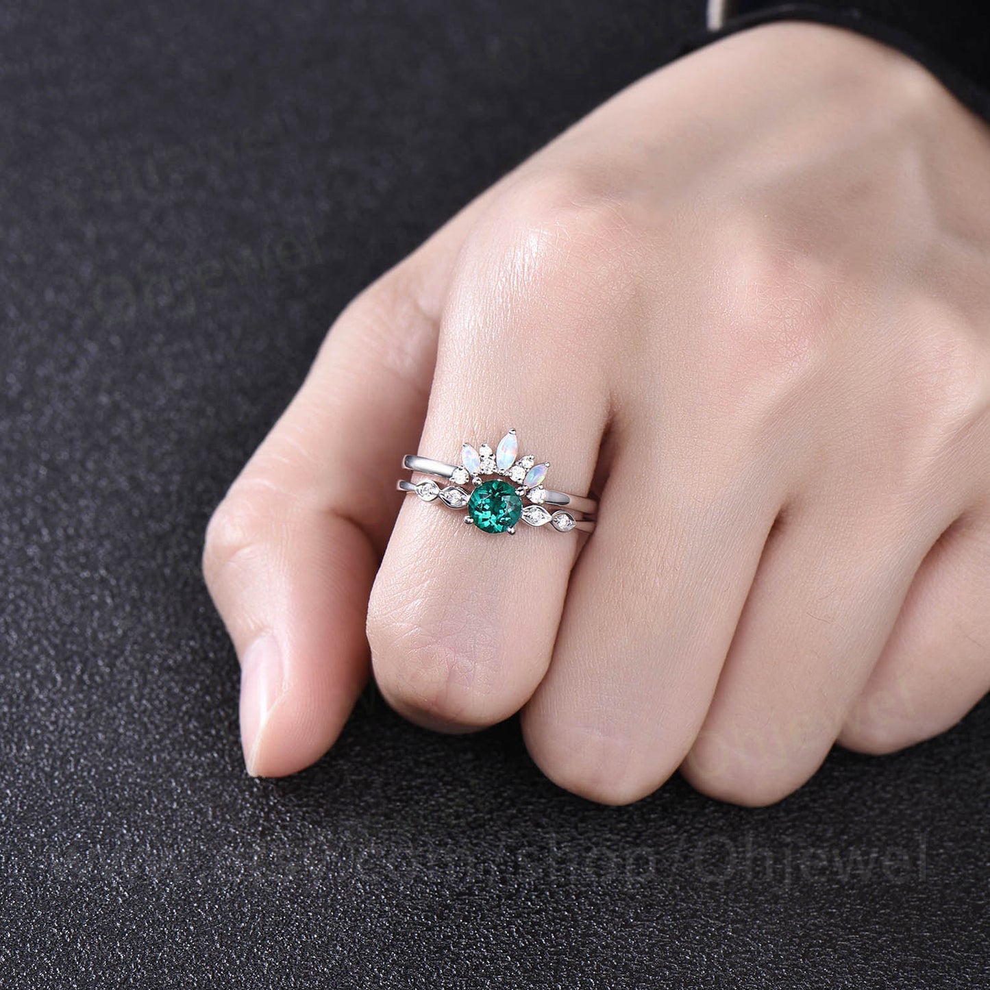 Emerald bridal set Vintage emerald engagement ring set maruqise opal ring for women white gold art deco moissanite ring emerald jewelry