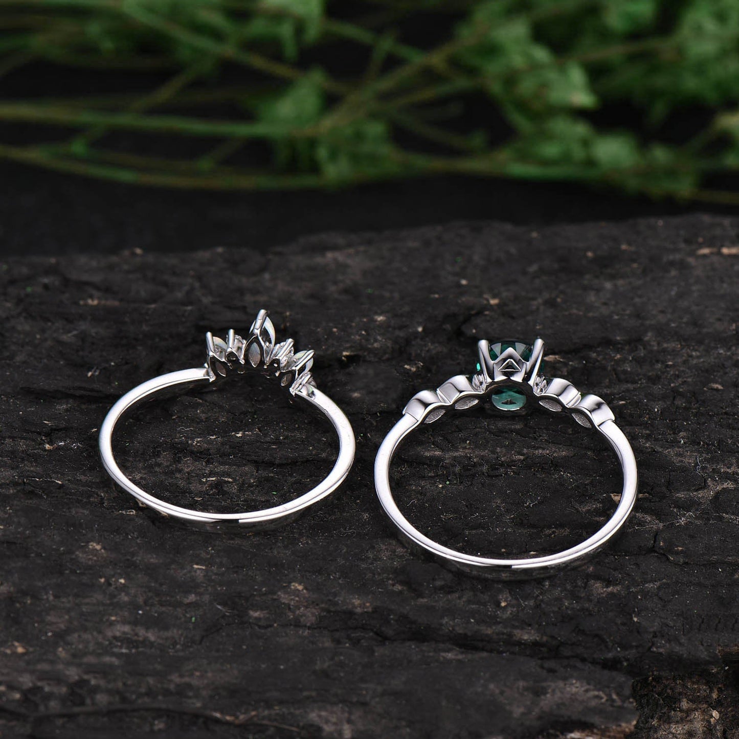 Emerald bridal set Vintage emerald engagement ring set maruqise opal ring for women white gold art deco moissanite ring emerald jewelry